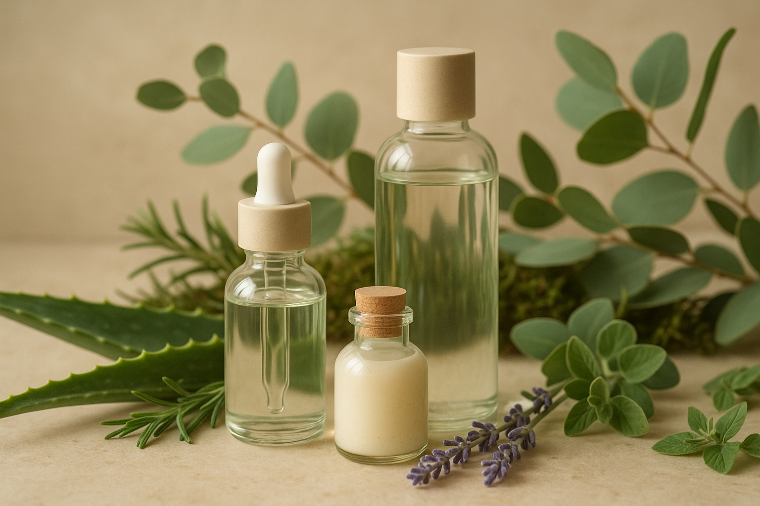 A serene image showing elegant glass bottles with skincare products surrounded by fresh botanicals, herbs, and natural elements like aloe vera, lavender, and eucalyptus in soft natural lighting with earthy tones