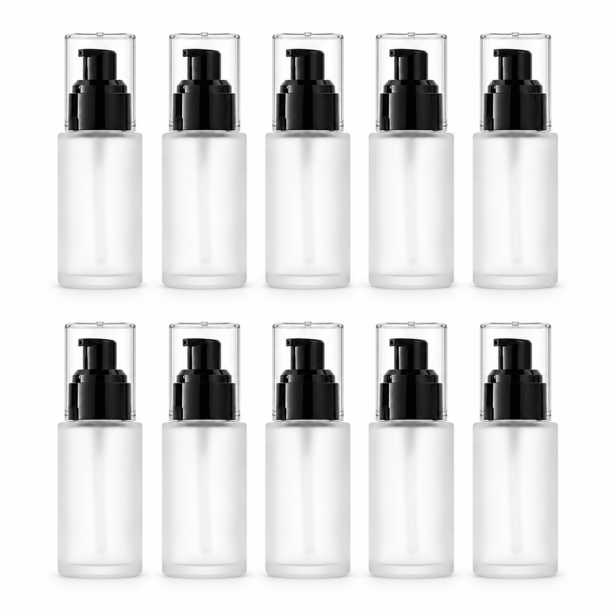 30ml Frosted Square Shoulder Bottle With Black Serum Pump & Clear Over-cap - The SkinScience Company