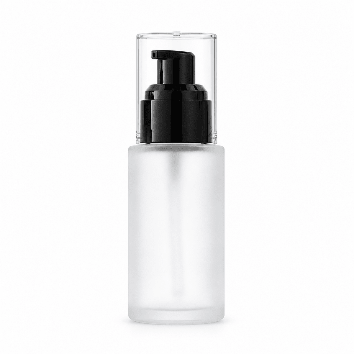 30ml Frosted Square Shoulder Bottle With Black Serum Pump & Clear Over-cap - The SkinScience Company