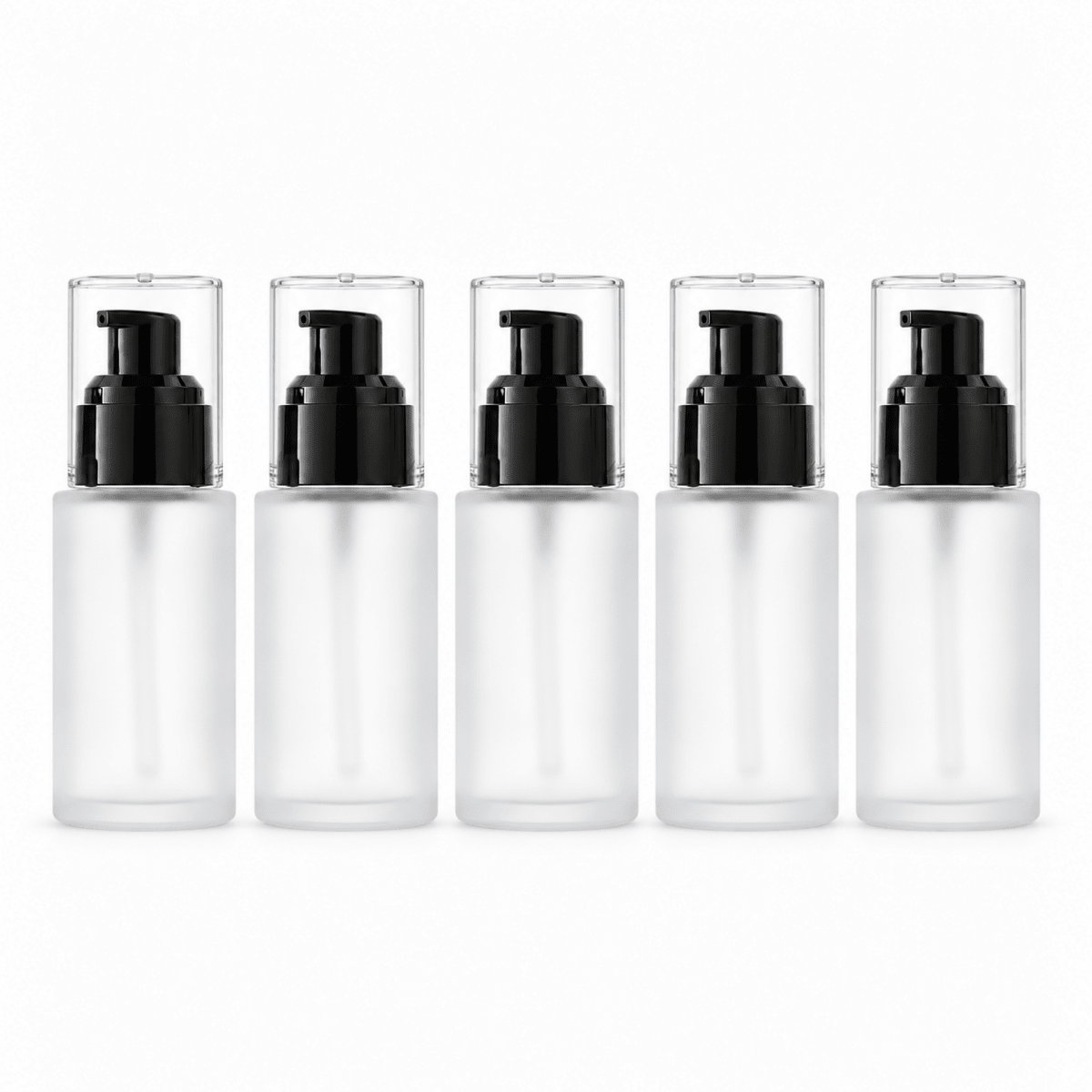 30ml Frosted Square Shoulder Bottle With Black Serum Pump & Clear Over-cap - The SkinScience Company