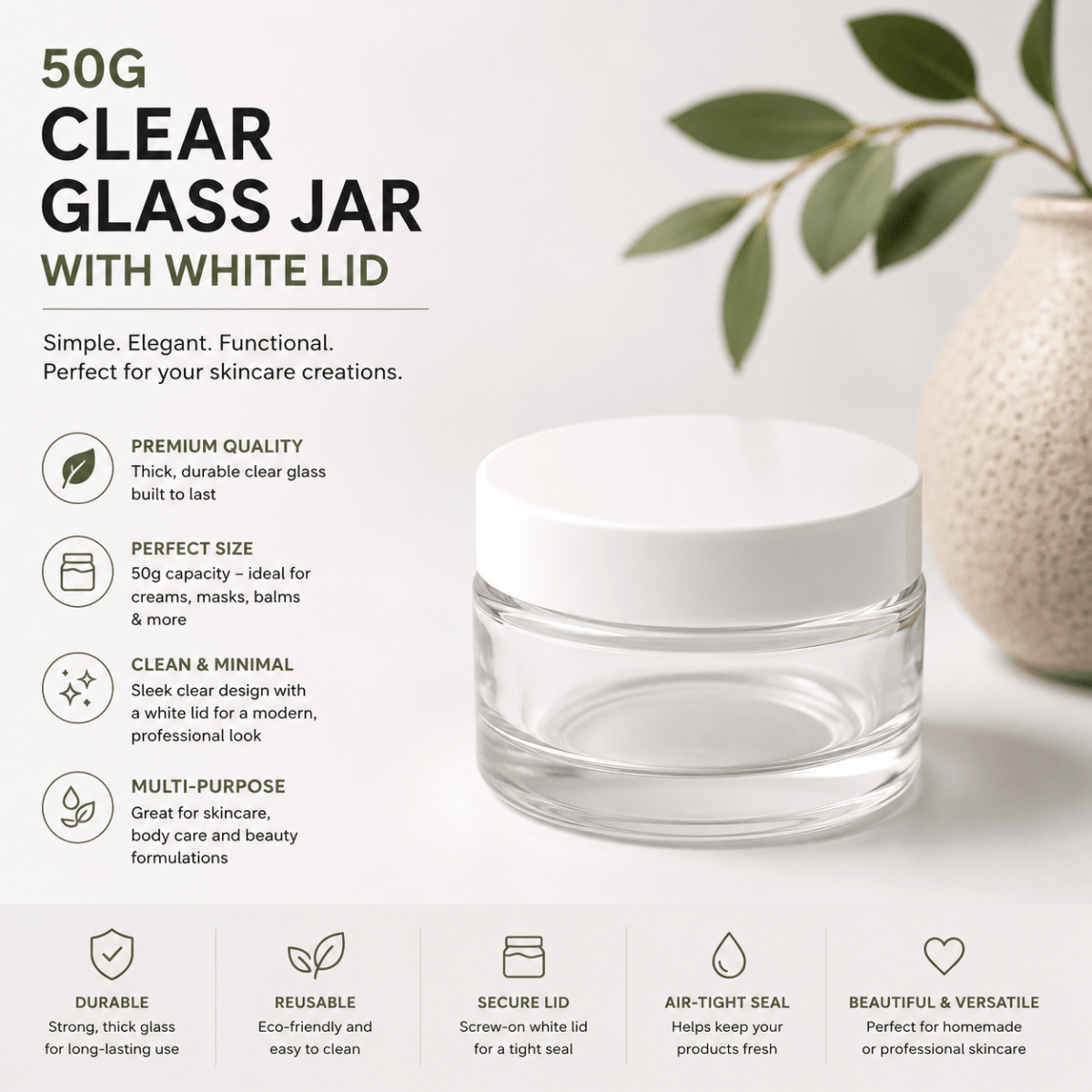 50g Clear Glass Jar with White Lid - The SkinScience Company