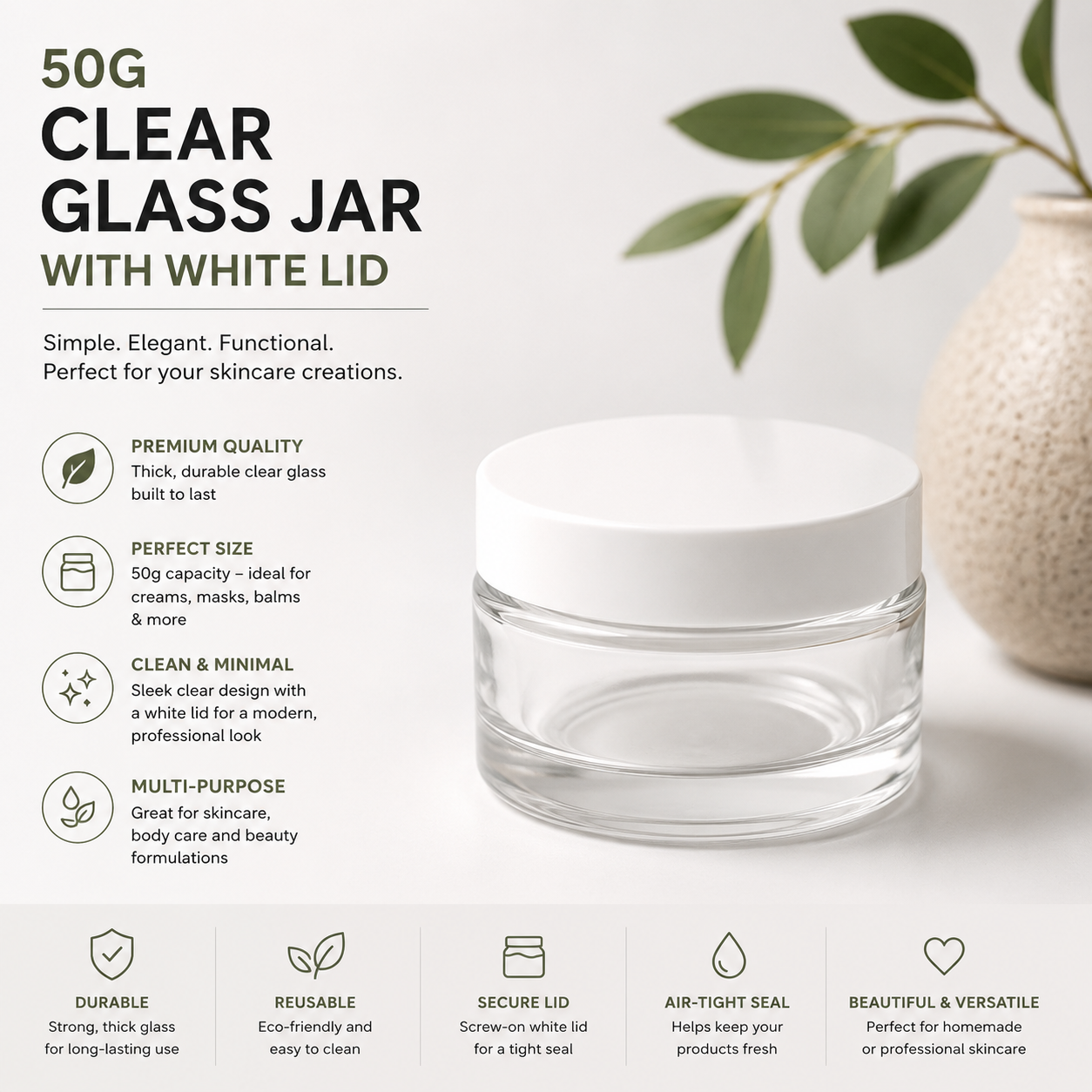 50g Clear Glass Jar with White Lid
