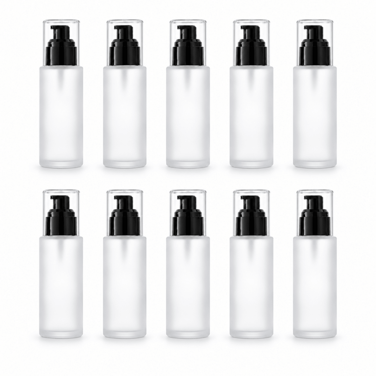 50ml Frosted Square Shoulder Bottle With Black Serum Pump & Clear Over-cap - The SkinScience Company