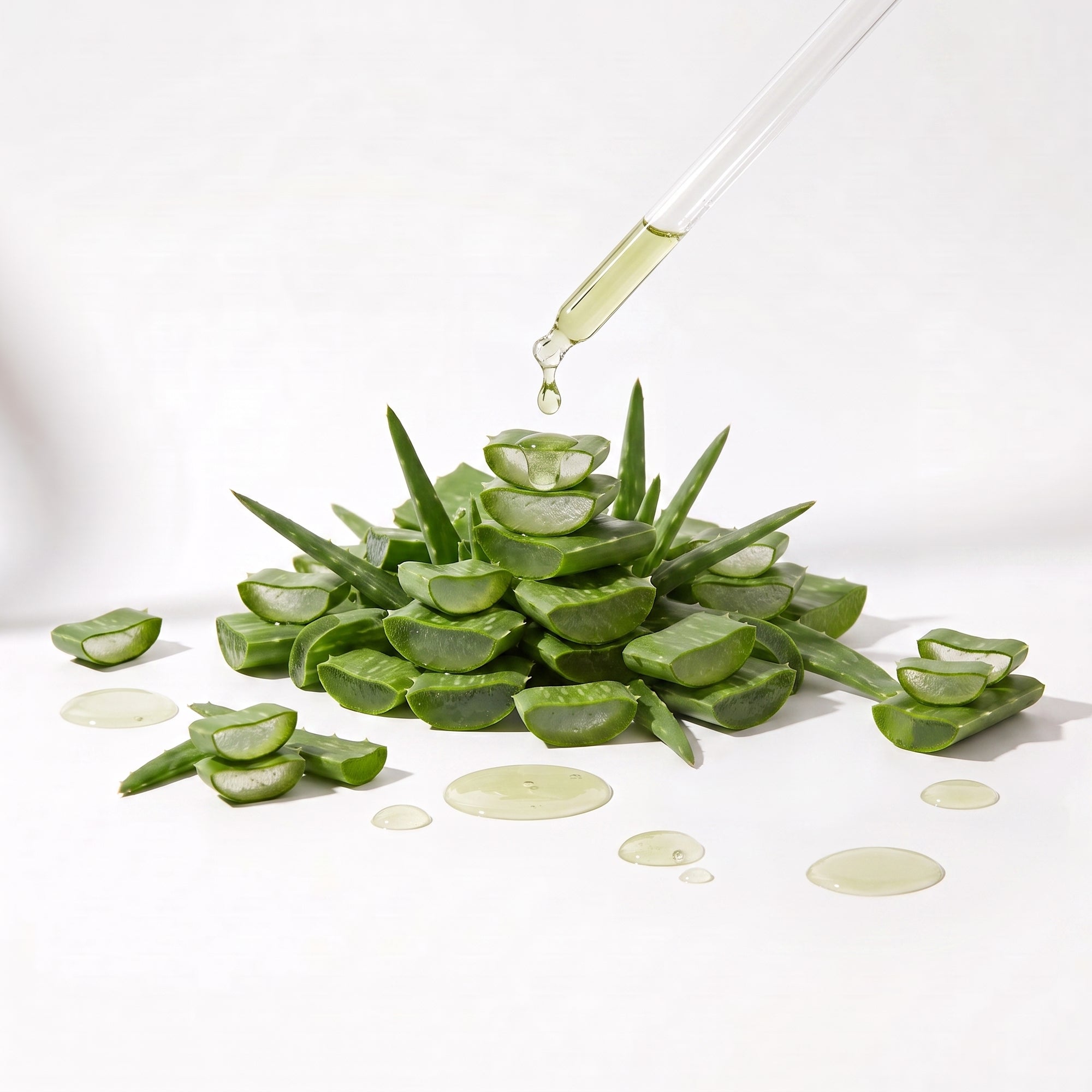 Fresh green aloe vera slices arranged on a white surface with a glass dropper above, dispensing a pale yellow-green liquid. Small droplets are scattered around the aloe pile.