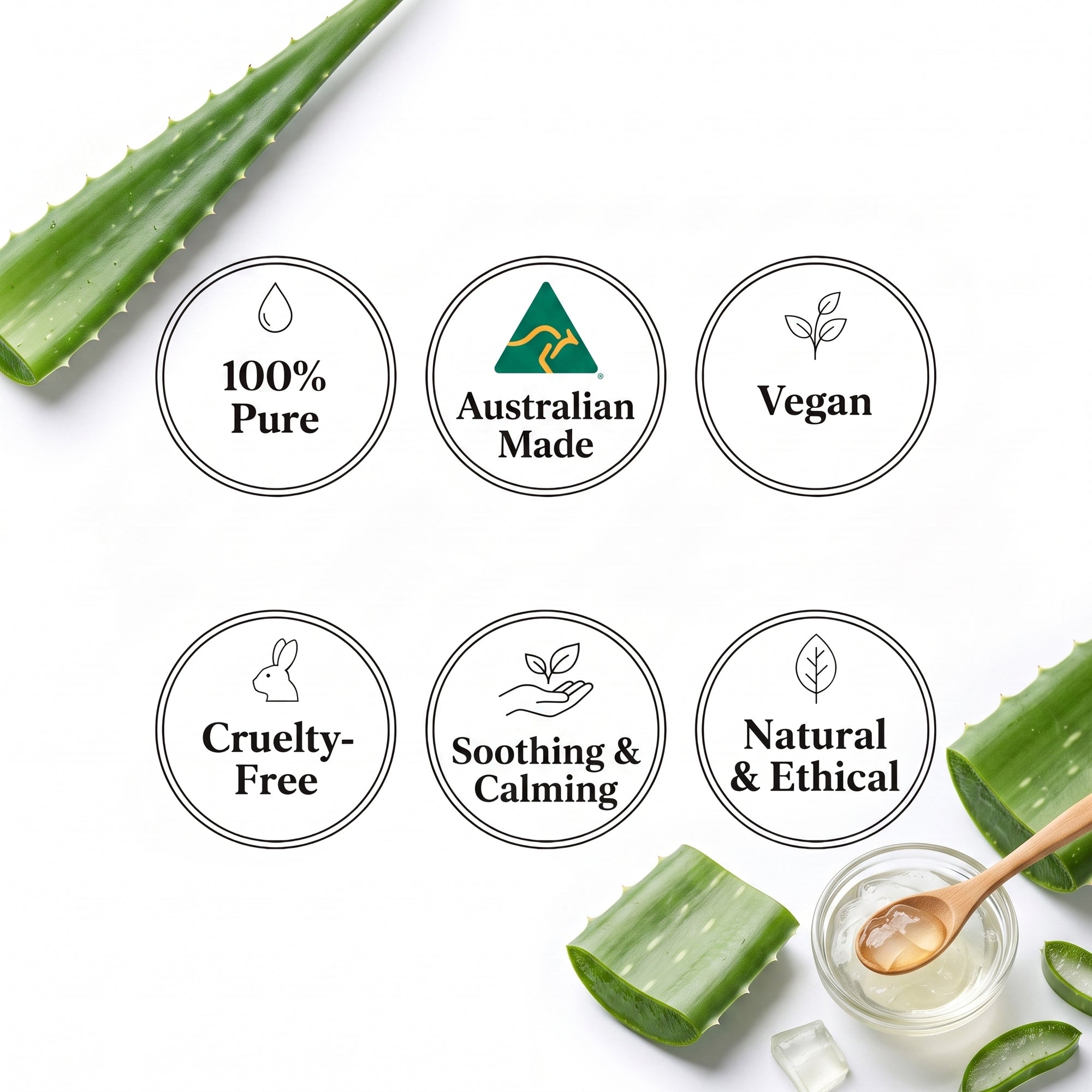 Six circular badges on a white background highlighting product benefits: 100% Pure, Australian Made, Vegan, Cruelty-Free, Soothing & Calming, and Natural & Ethical. Aloe vera leaves and a small glass jar with a wooden spoon are arranged around the badges.