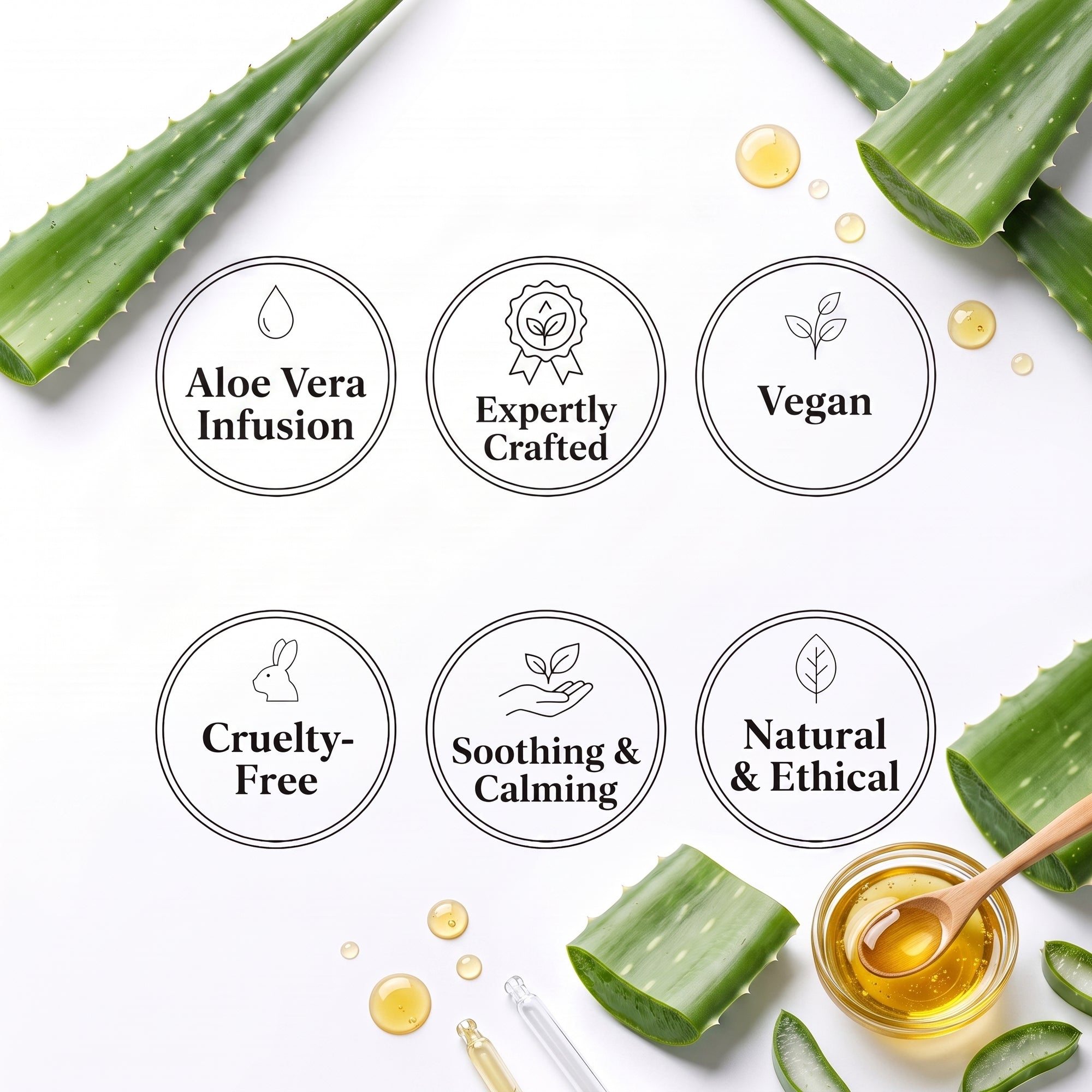 A flat-lay product graphic on a white background featuring six circular badges with text: Aloe Vera Infusion, Expertly Crafted, Vegan, Cruelty-Free, Soothing & Calming, and Natural & Ethical. Green aloe vera leaves, slices, droplets, and a small jar of golden honey with a wooden spoon are arranged around the badges.