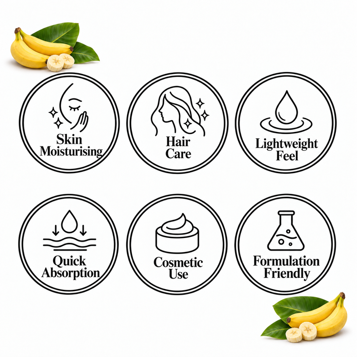 Banana Seed Oil features: Skin Moisturising, Hair Care, Lightweight Feel, Quick Absorption, Cosmetic Use, Formulation Friendly