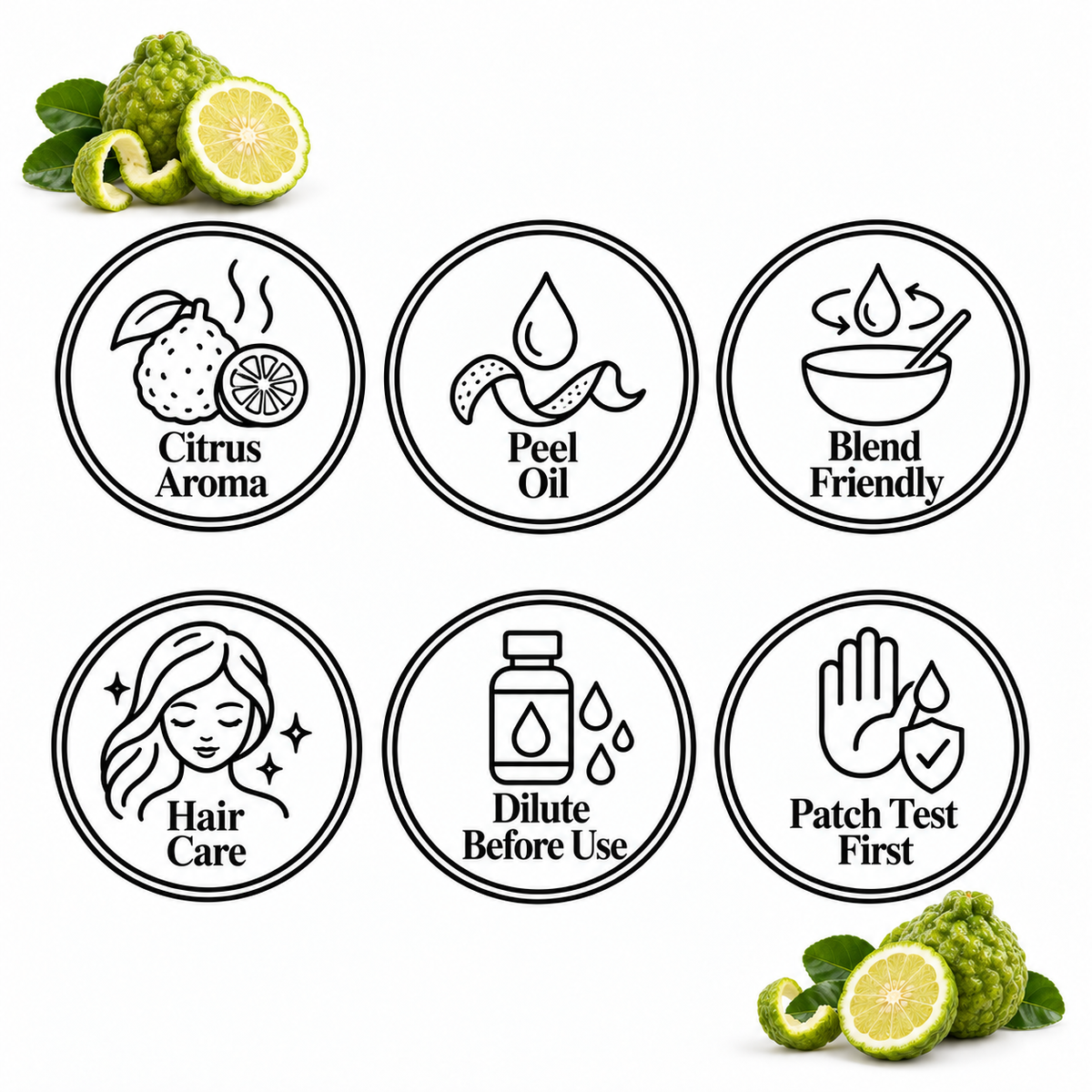 Bergamot Essential Oil, six-circle feature page