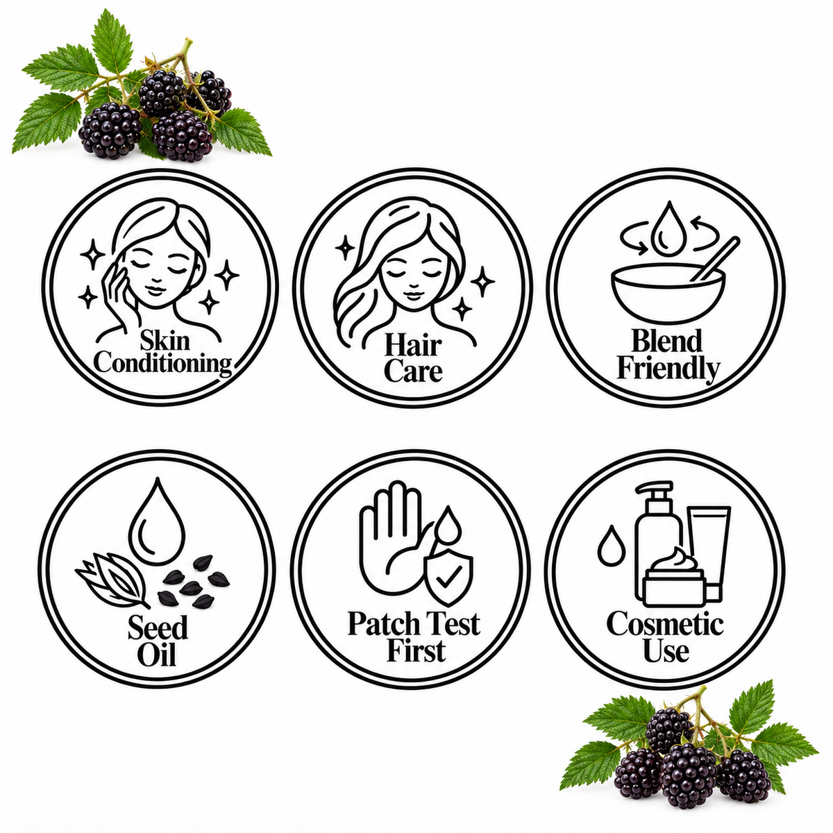 Blackberry Seed Oil, six-circle feature page