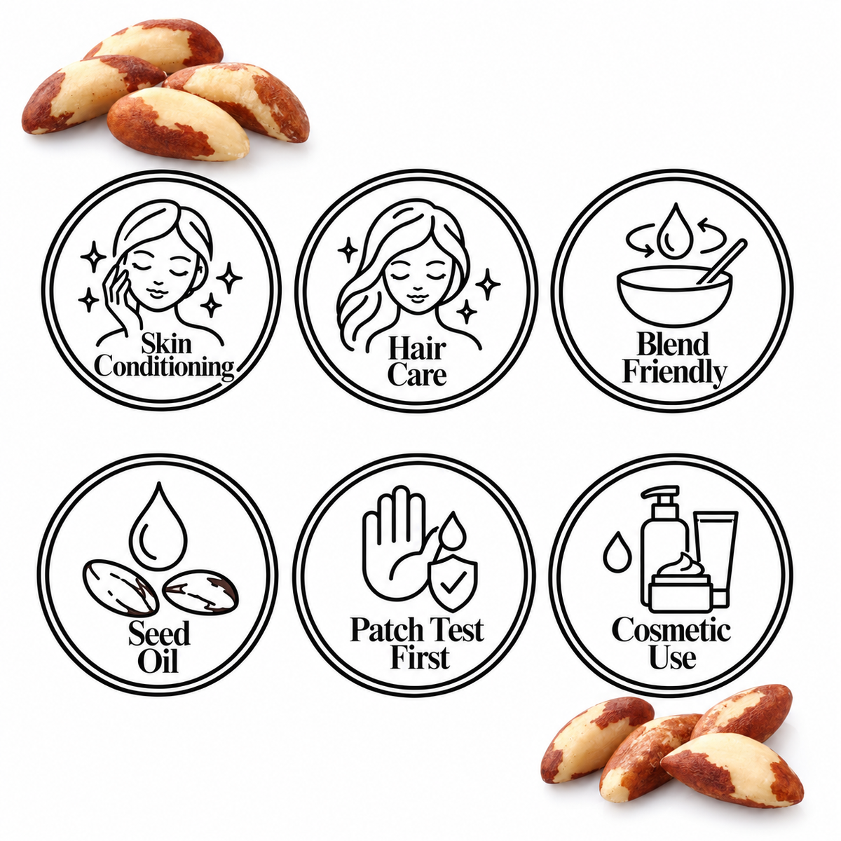 Brazil Nut Oil feature page: skin conditioning, hair care, blend friendly, seed oil, patch test first, cosmetic use