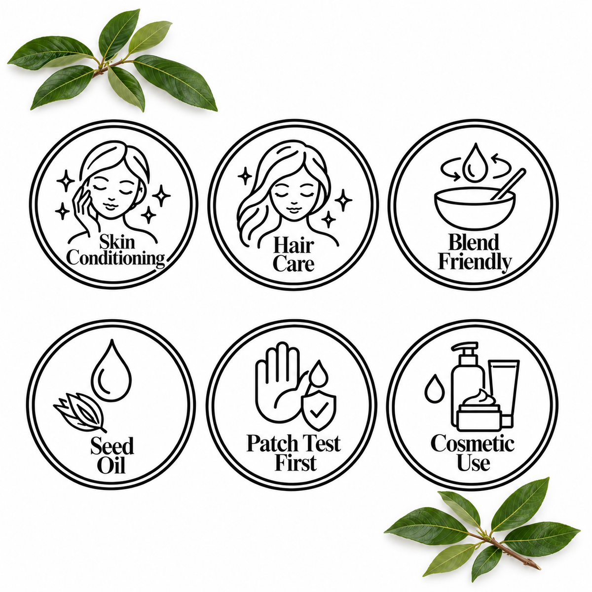 Cacay Oil feature page: skin conditioning, hair care, blend friendly, seed oil, patch test first, cosmetic use