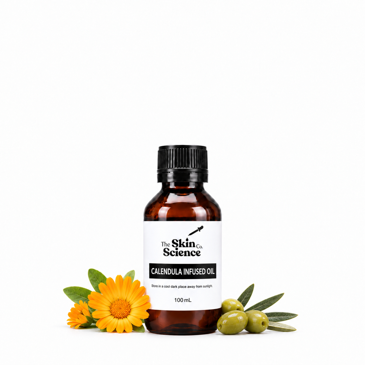 The Skin Science Company Calendula Infused Oil – 100 mL amber bottle on white background
