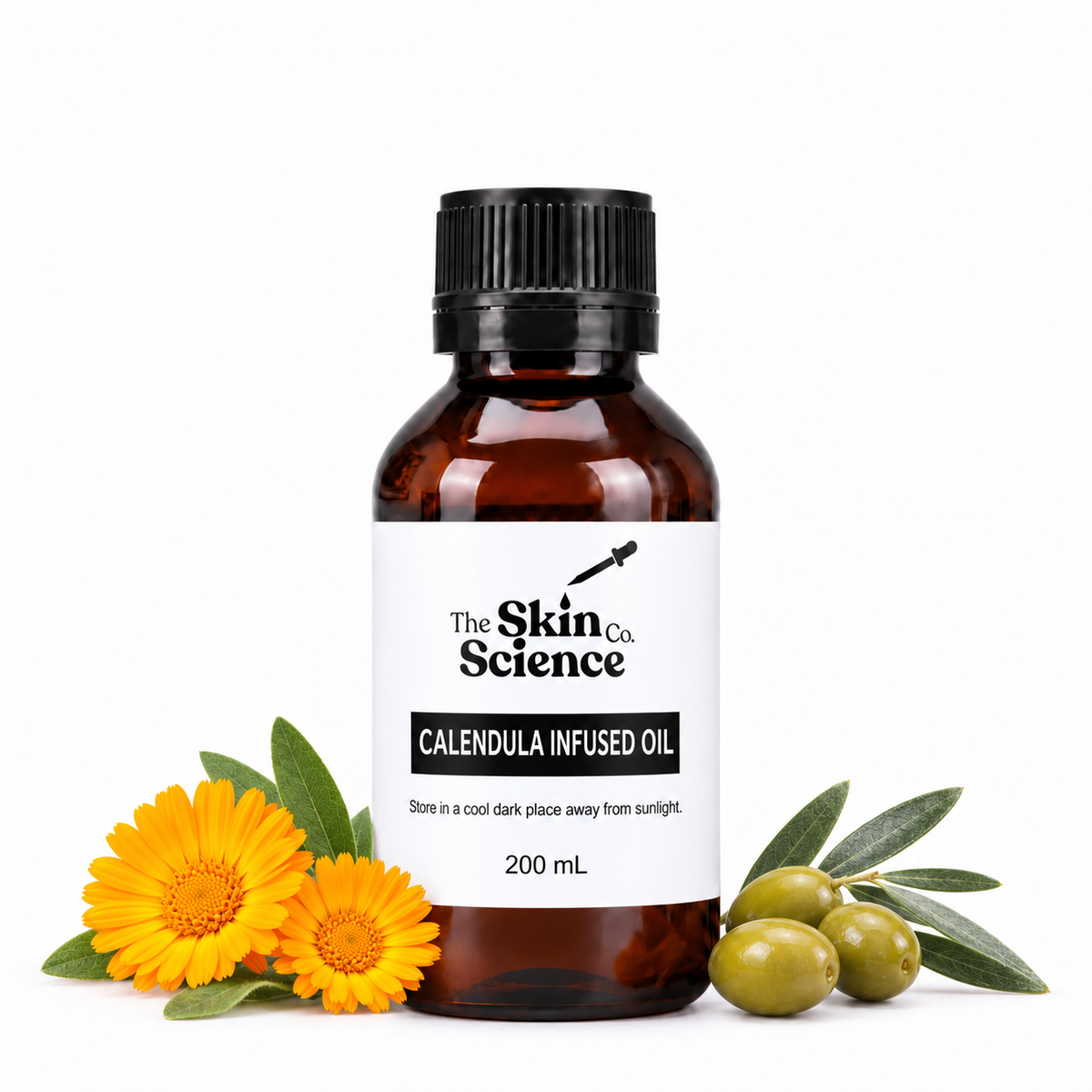 The Skin Science Company Calendula Infused Oil – 200 mL amber bottle on white background