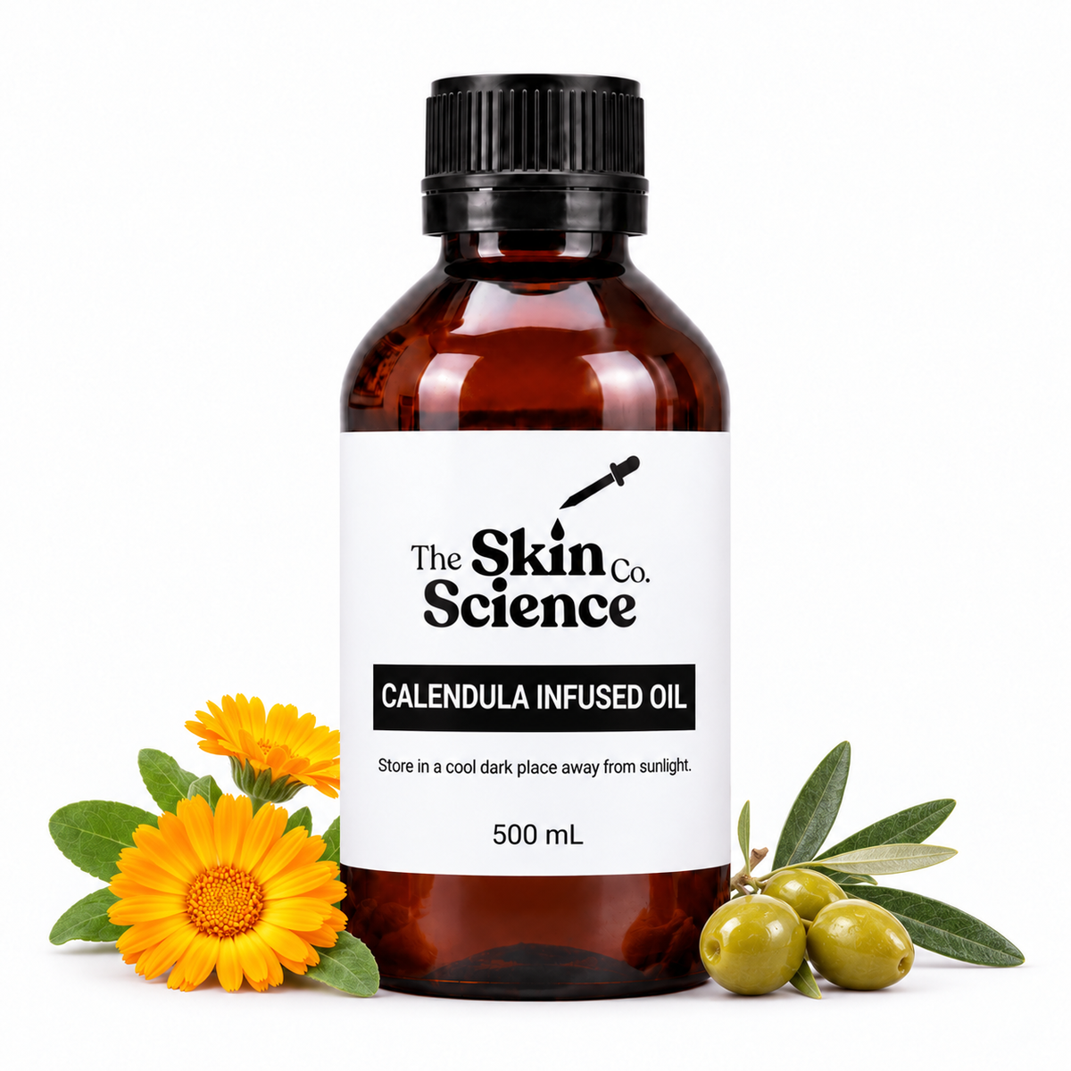 The Skin Science Company Calendula Infused Oil – 500 mL amber bottle on white background