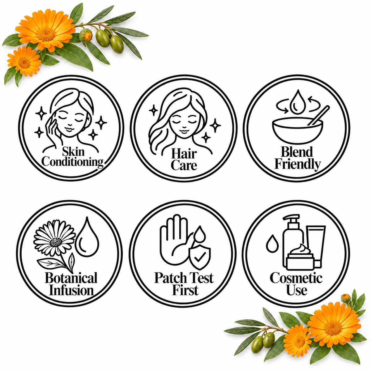 Calendula Infused Oil six-circle feature page: skin conditioning, hair care, blend friendly, botanical infusion, patch test first, cosmetic use