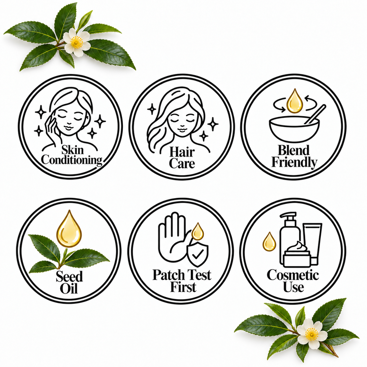 Camellia Tea Oil — Skin Conditioning, Hair Care, Blend Friendly, Seed Oil, Patch Test First, Cosmetic Use
