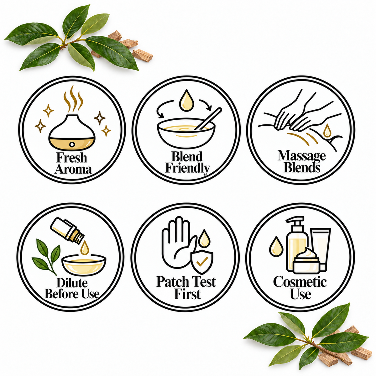 Camphor White Essential Oil — Fresh Aroma, Blend Friendly, Massage Blends, Dilute Before Use, Patch Test First, Cosmetic Use