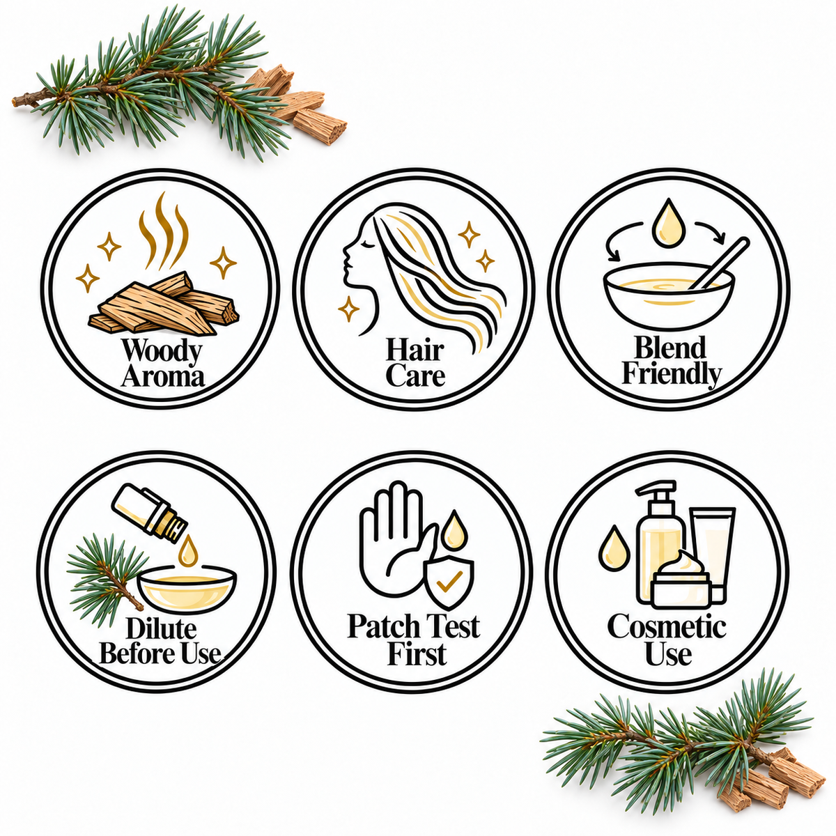 Cedarwood Essential Oil — Woody Aroma, Hair Care, Blend Friendly, Dilute Before Use, Patch Test First, Cosmetic Use