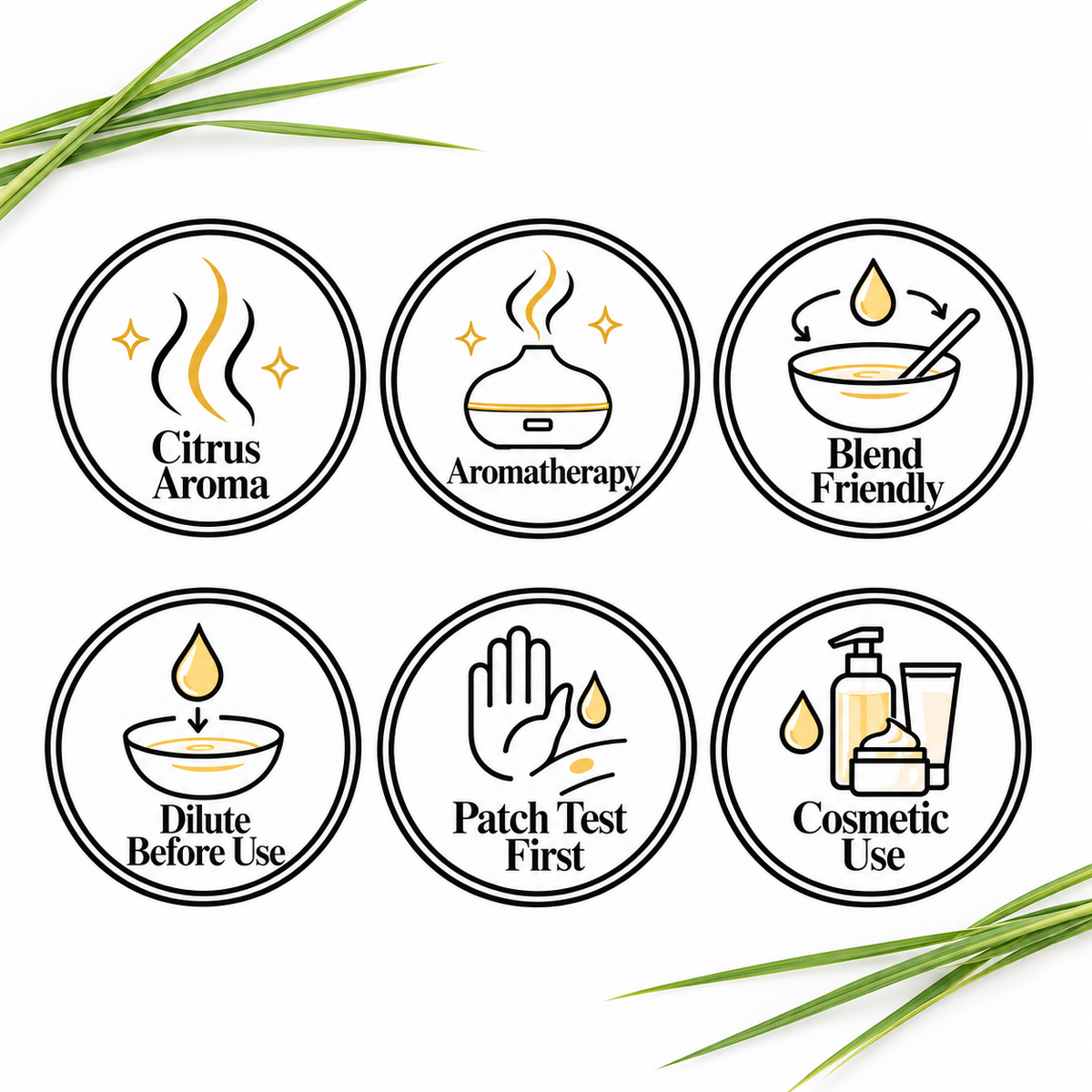 Citronella Essential Oil — Citrus Aroma, Aromatherapy, Blend Friendly, Dilute Before Use, Patch Test First, Cosmetic Use