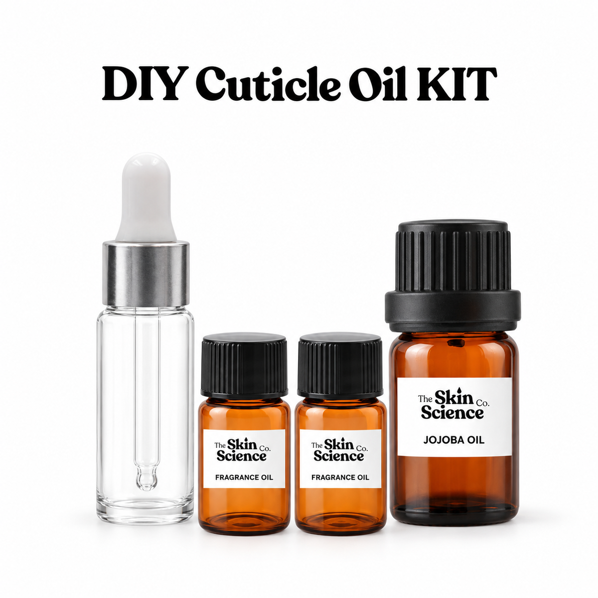 DIY Cuticle Oil Kit — jojoba oil bottle, two fragrance-oil vials and clear dropper bottle