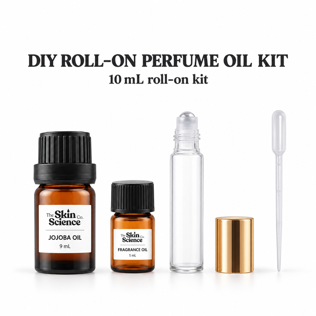 DIY Roll-On Perfume Oil Kit — 9mL jojoba oil, 1mL fragrance oil, one 10mL glass roll-on bottle and pipette