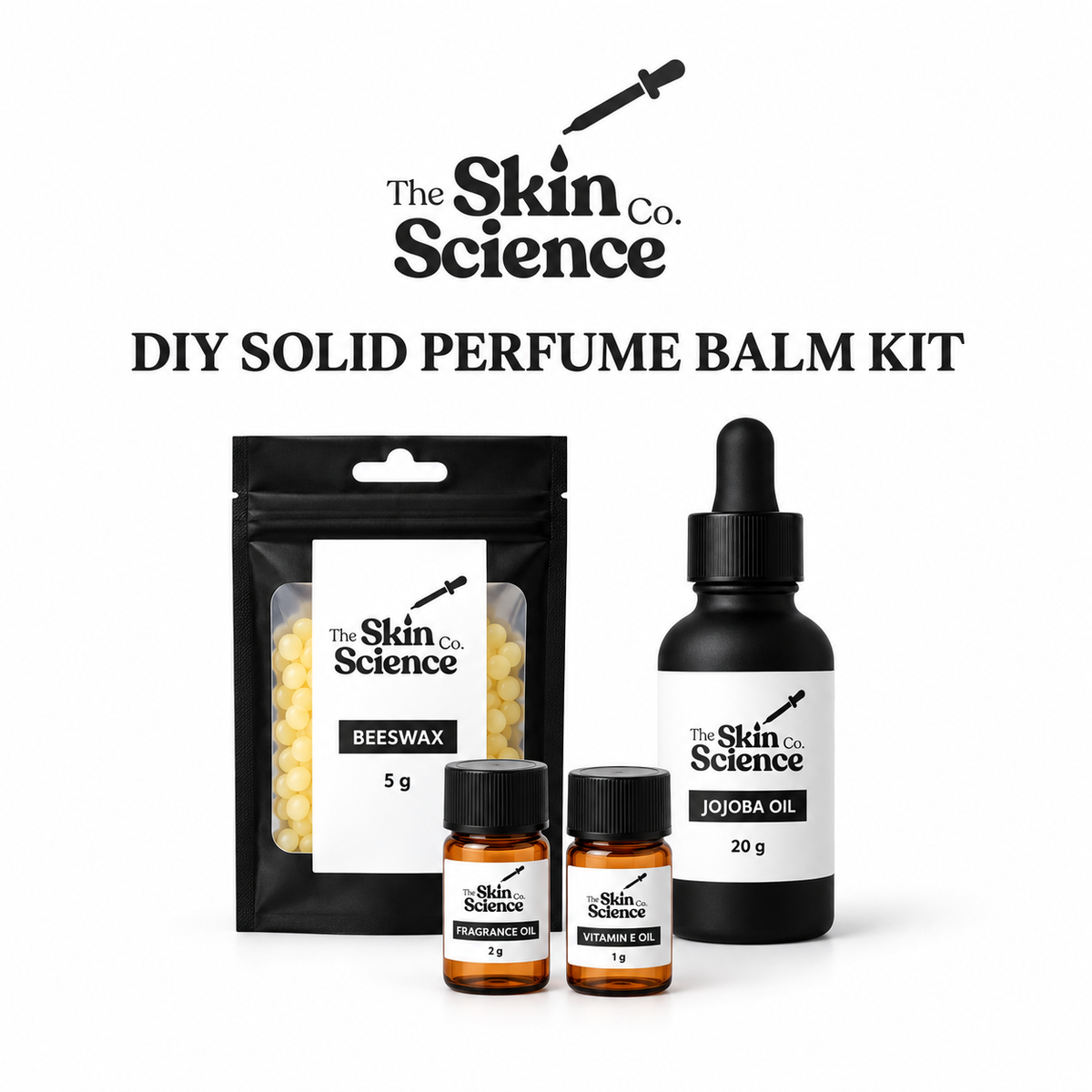 DIY Solid Perfume Balm Kit — beeswax 5g, jojoba oil 20g, fragrance oil 2g and vitamin E oil 1g