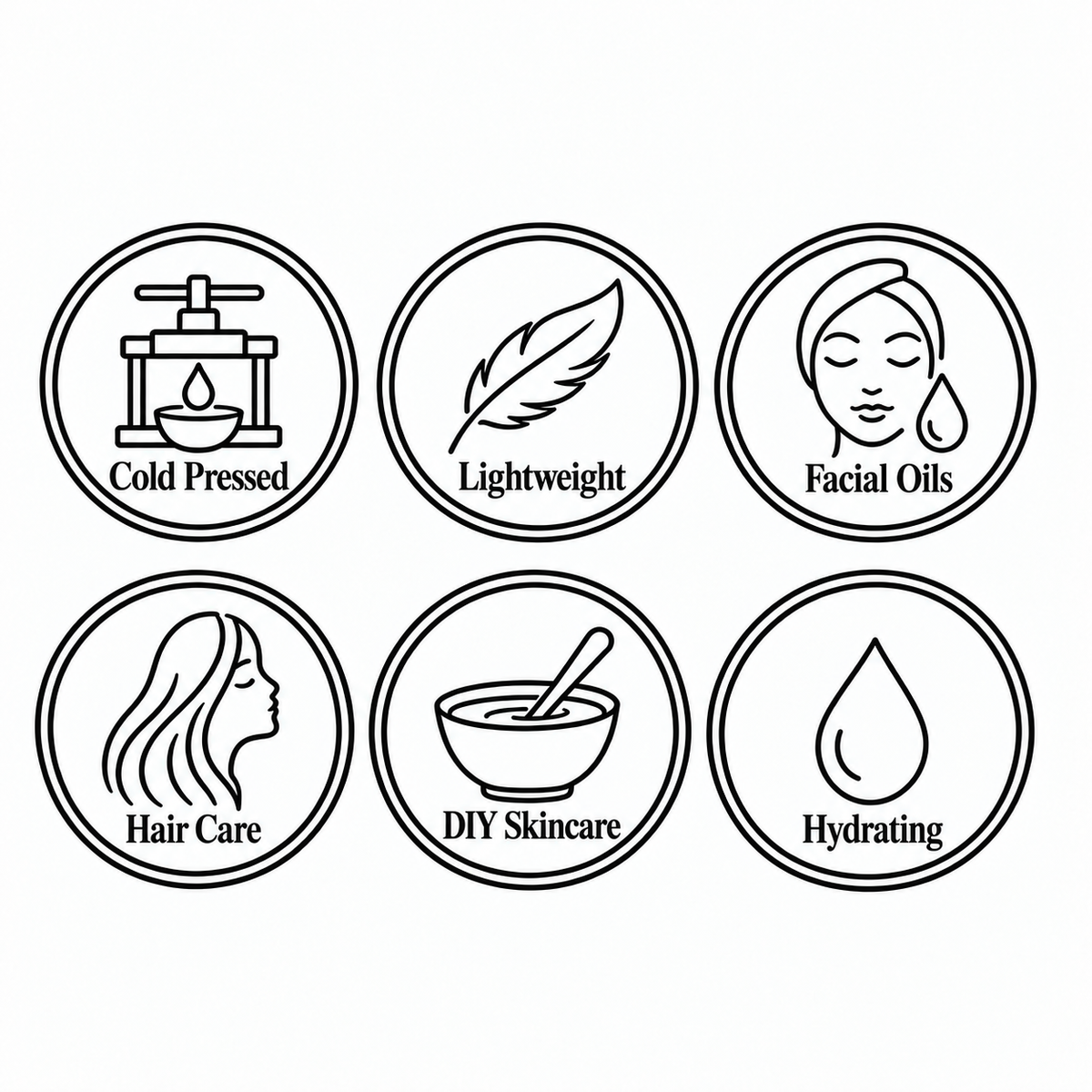 Cold pressed, lightweight, facial oils, hair care, DIY skincare, hydrating — six-circle features