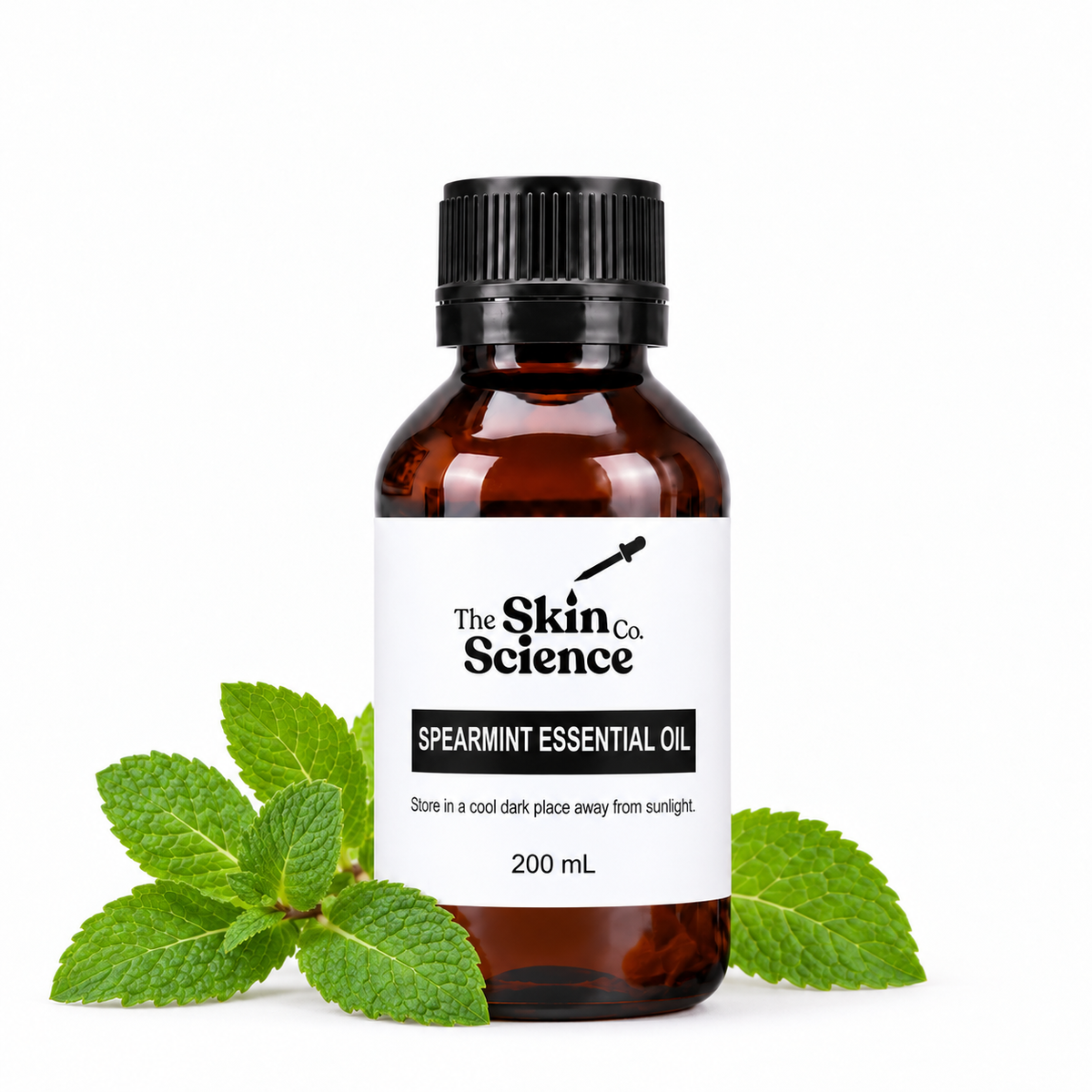 Spearmint Essential Oil 200 mL — SSC approved amber black-cap bottle on white