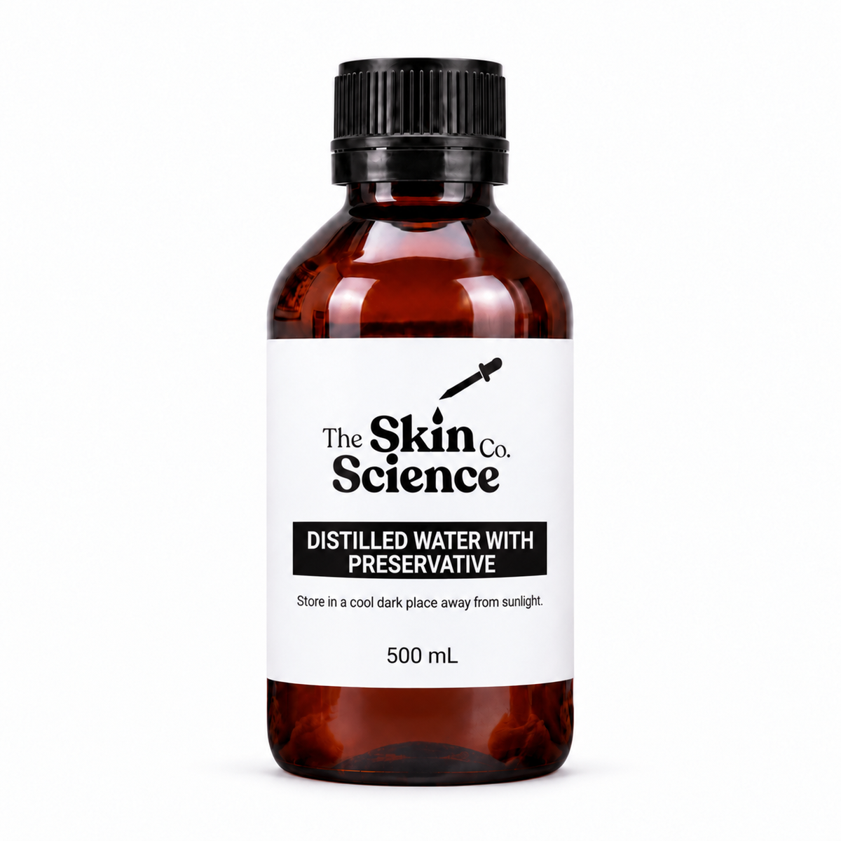 Distilled Water With Preservative 500 mL — SSC amber black screw-cap bottle.