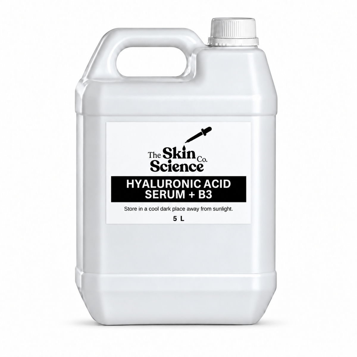 Hyaluronic Acid Serum + B3 5 L — SSC approved white container, handle left and cap right.