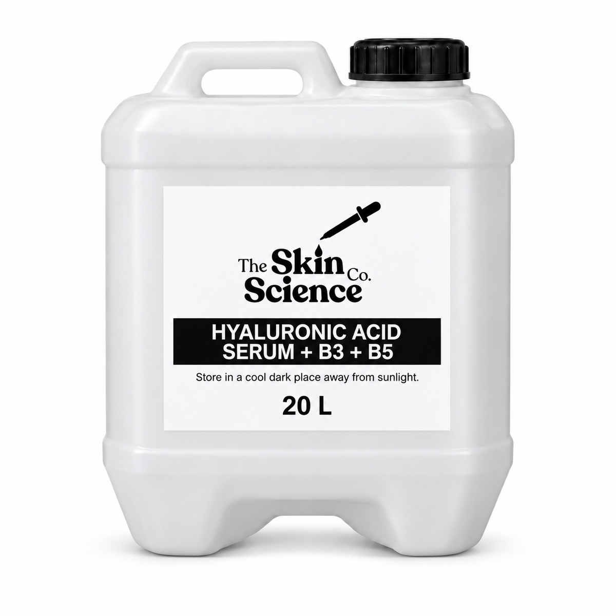 Hyaluronic Acid Serum + B3 + B5 20 L — SSC approved white container, handle left and cap right.