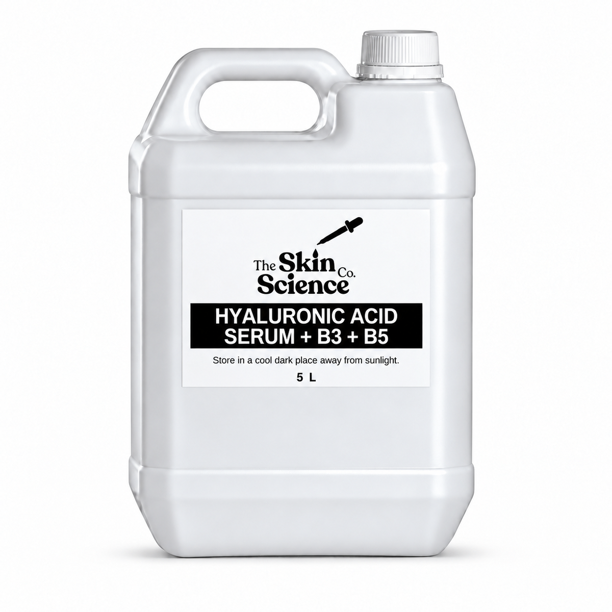 Hyaluronic Acid Serum + B3 + B5 5 L — SSC approved white container, handle left and cap right.