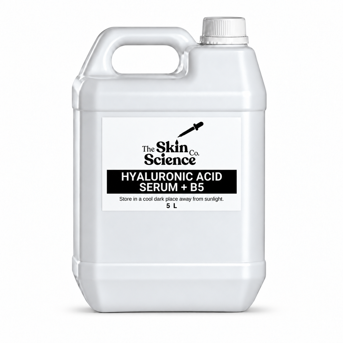 Hyaluronic Acid Serum + B5 5 L — SSC approved white container, handle left and cap right.