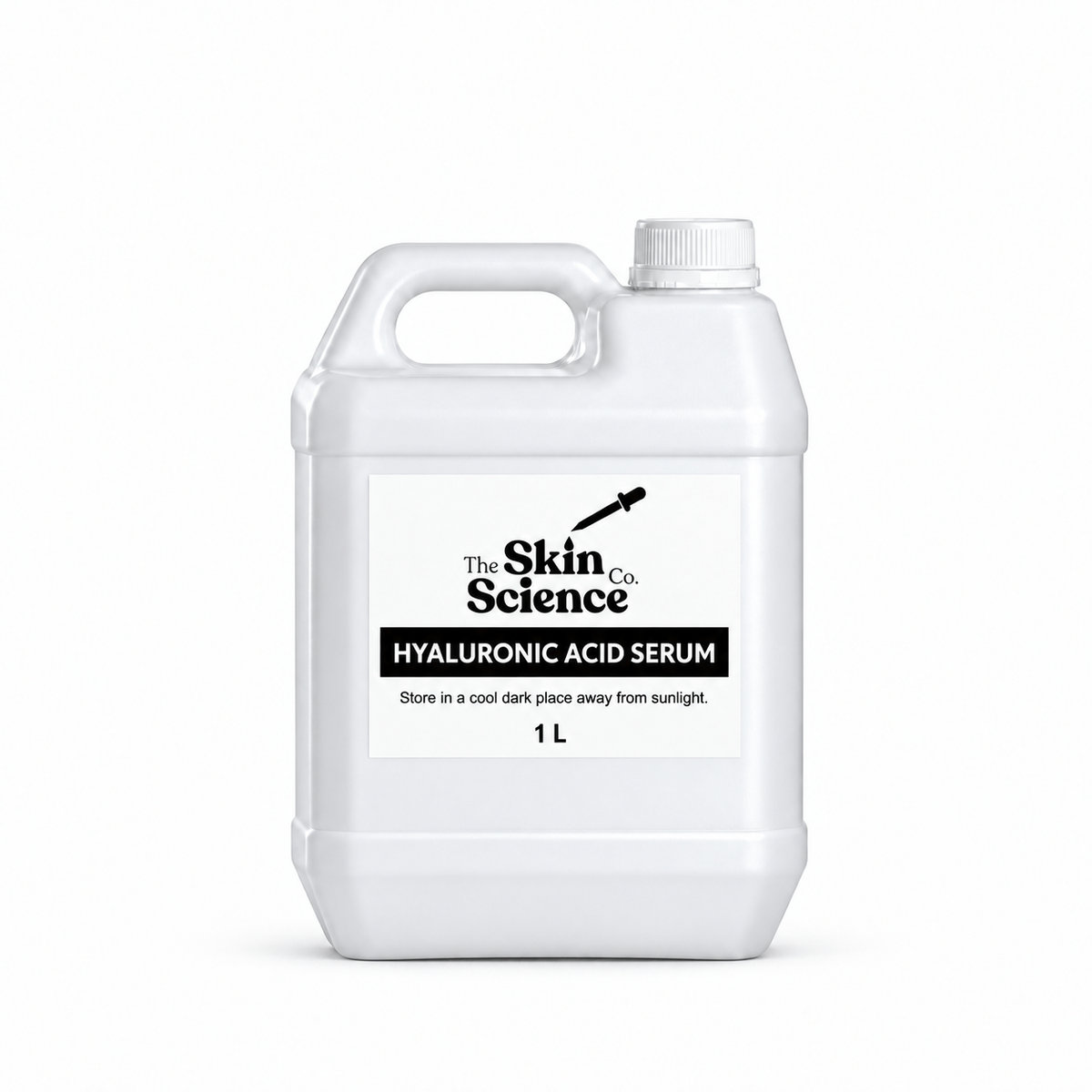 Hyaluronic Acid Serum 1 L — SSC approved white container, handle left and cap right.