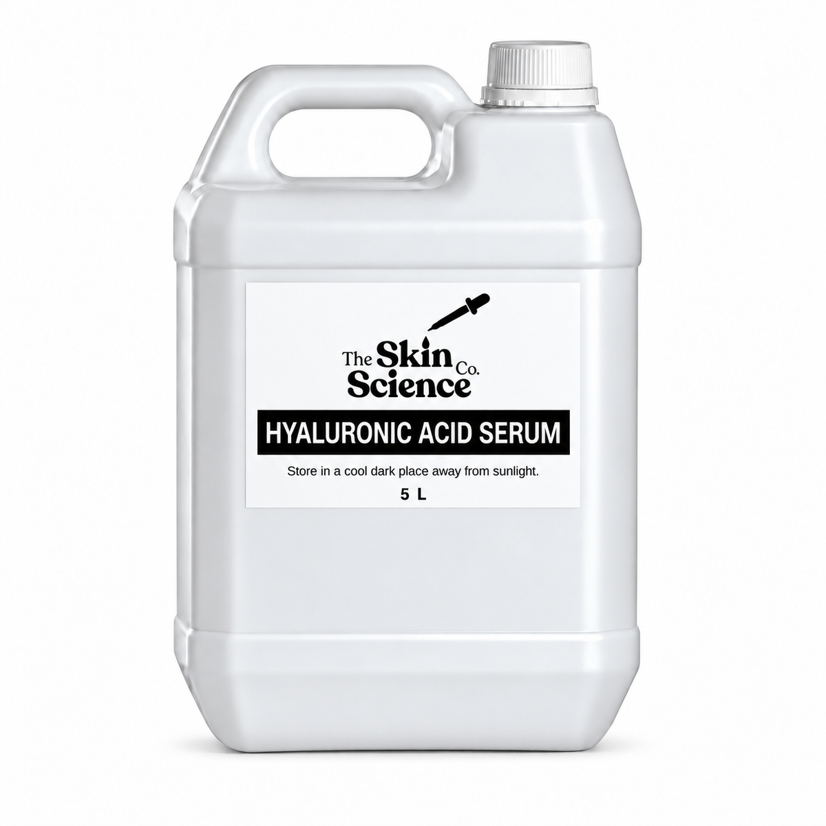 Hyaluronic Acid Serum 5 L — SSC approved white container, handle left and cap right.
