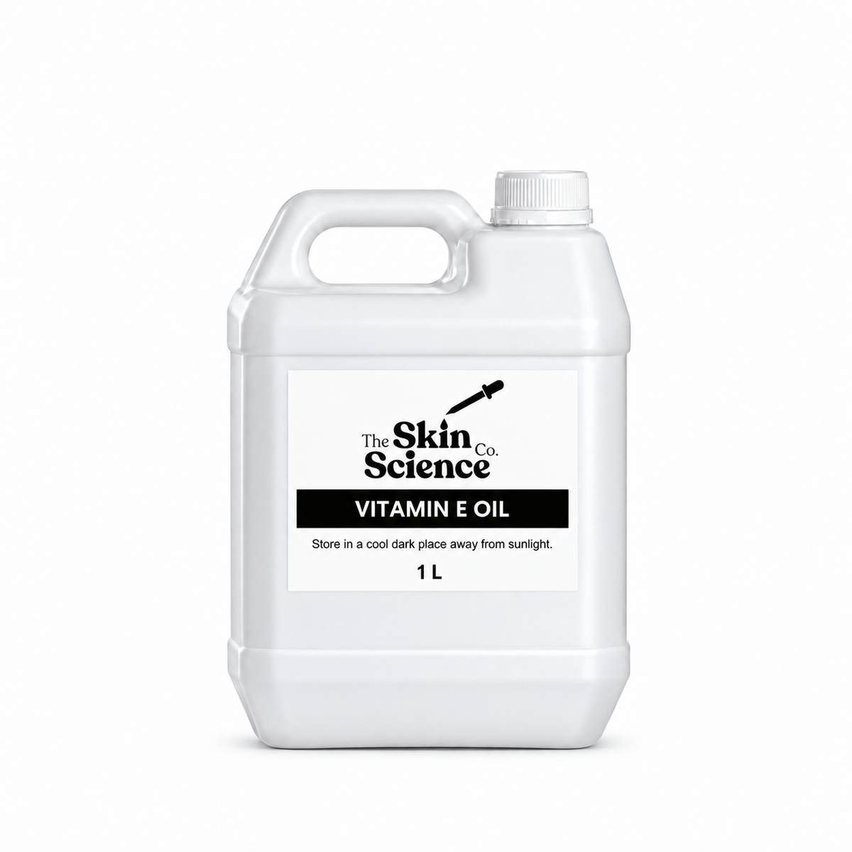 Vitamin E Oil 1 L — SSC approved white container, handle left and cap right.