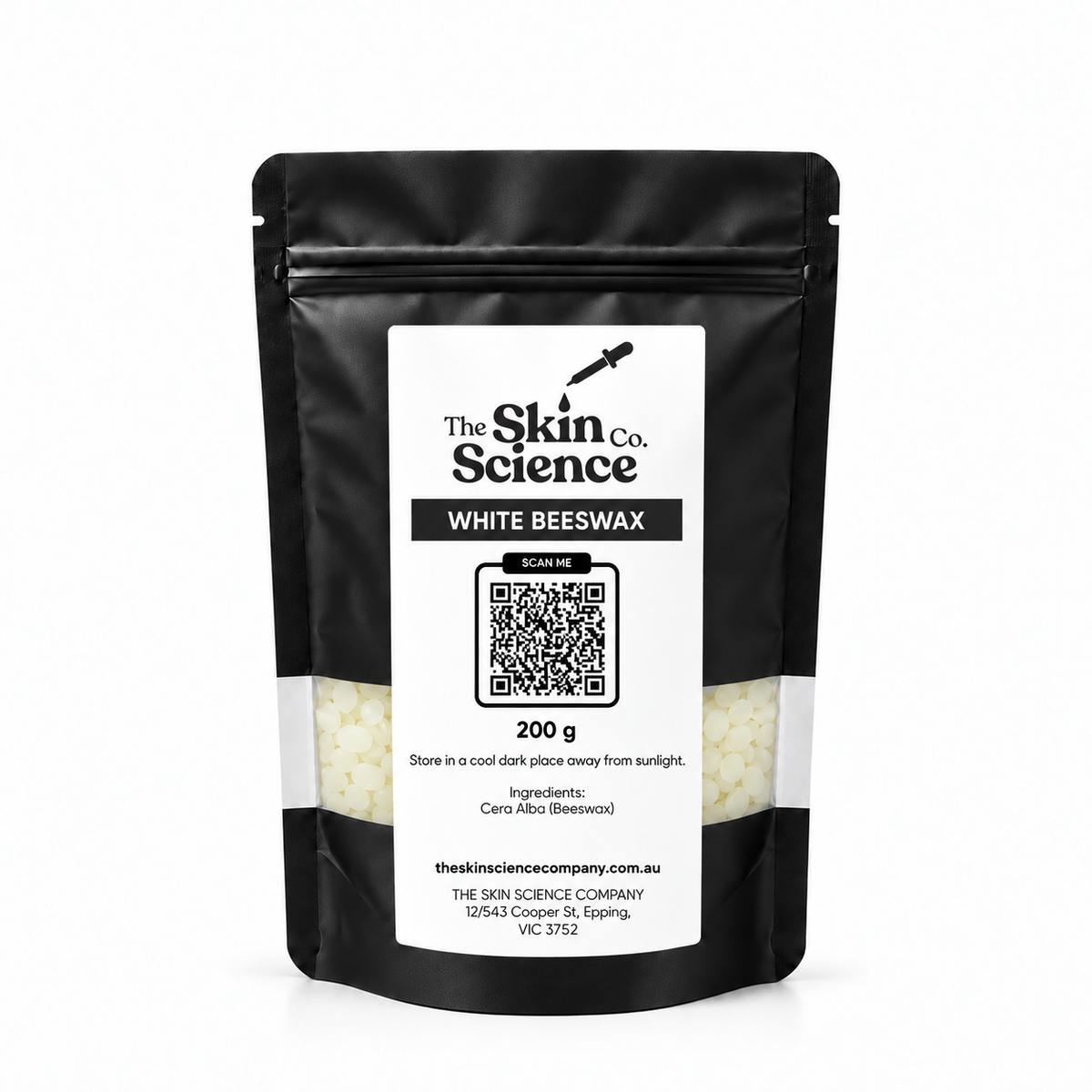 White Beeswax 200 g — black windowed SSC pouch with pale ivory pellets, vertical white label across window.