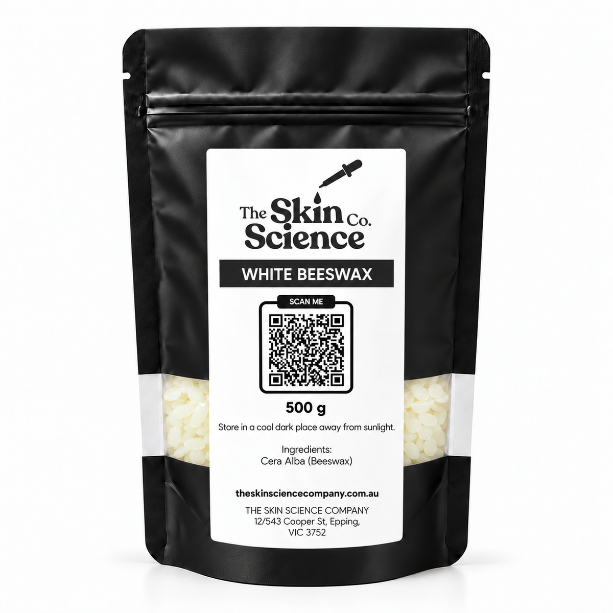 White Beeswax 500 g — black windowed SSC pouch with pale ivory pellets, vertical white label across window.