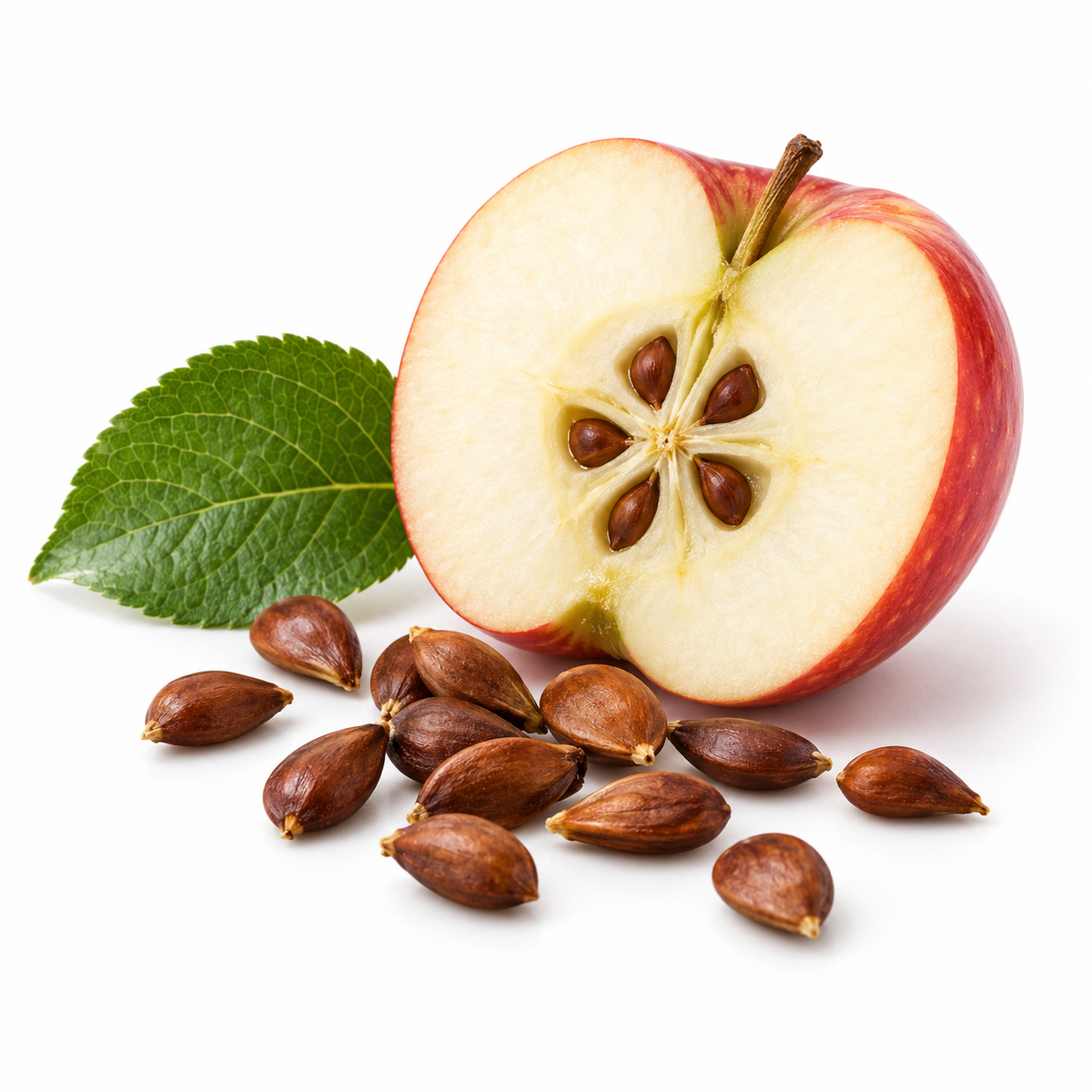 Apple seeds beside a cut apple and leaf on a white background.