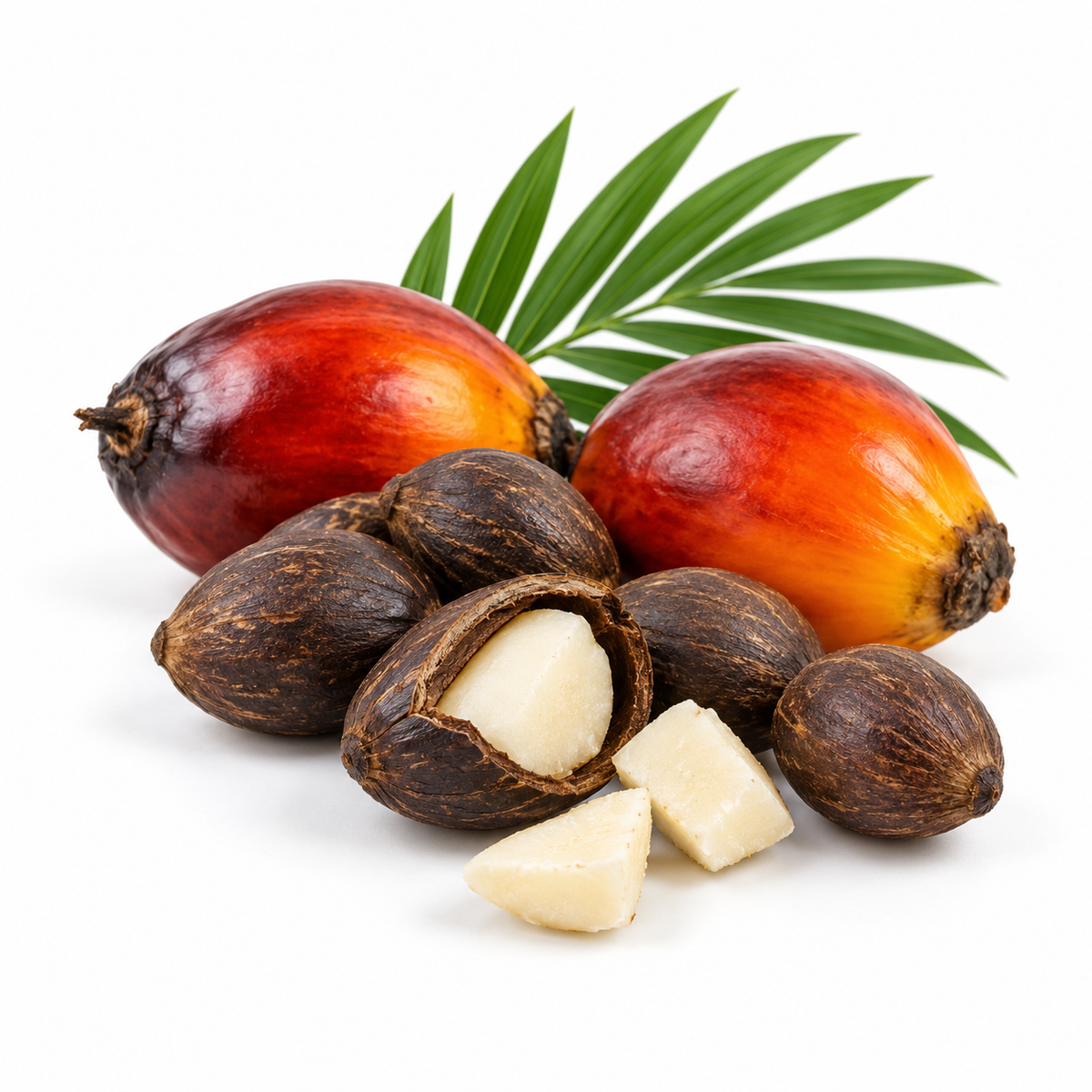Elaeis oleifera nuts and exposed kernels with palm fruits on white — botanical source reference for Batana Oil.