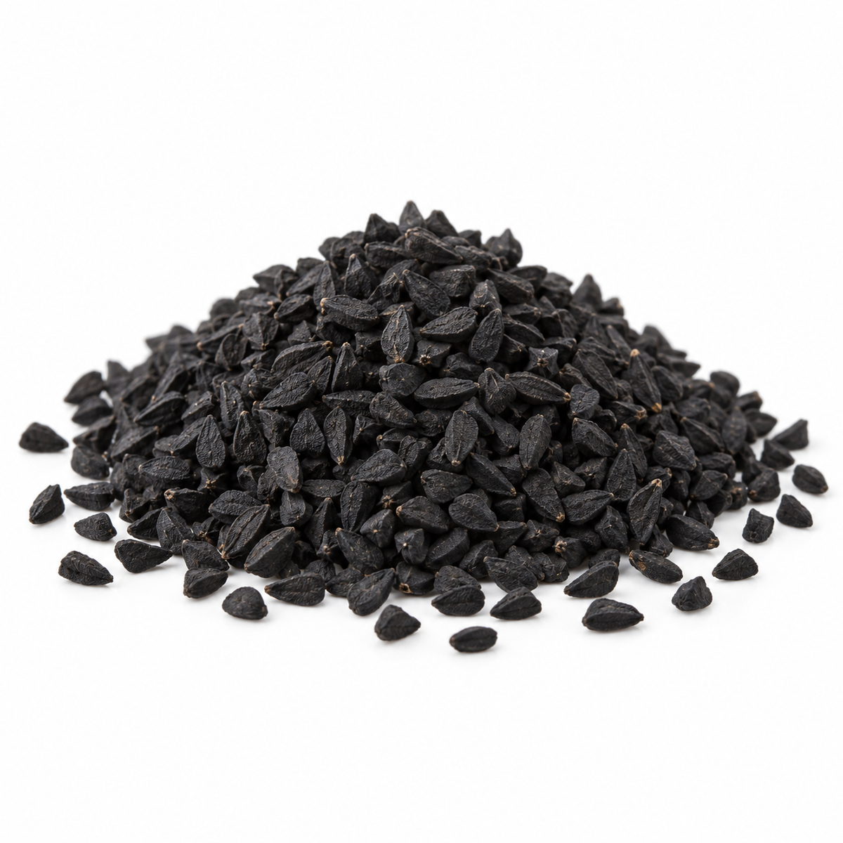 Nigella sativa black cumin (kalonji) seeds on a white background.