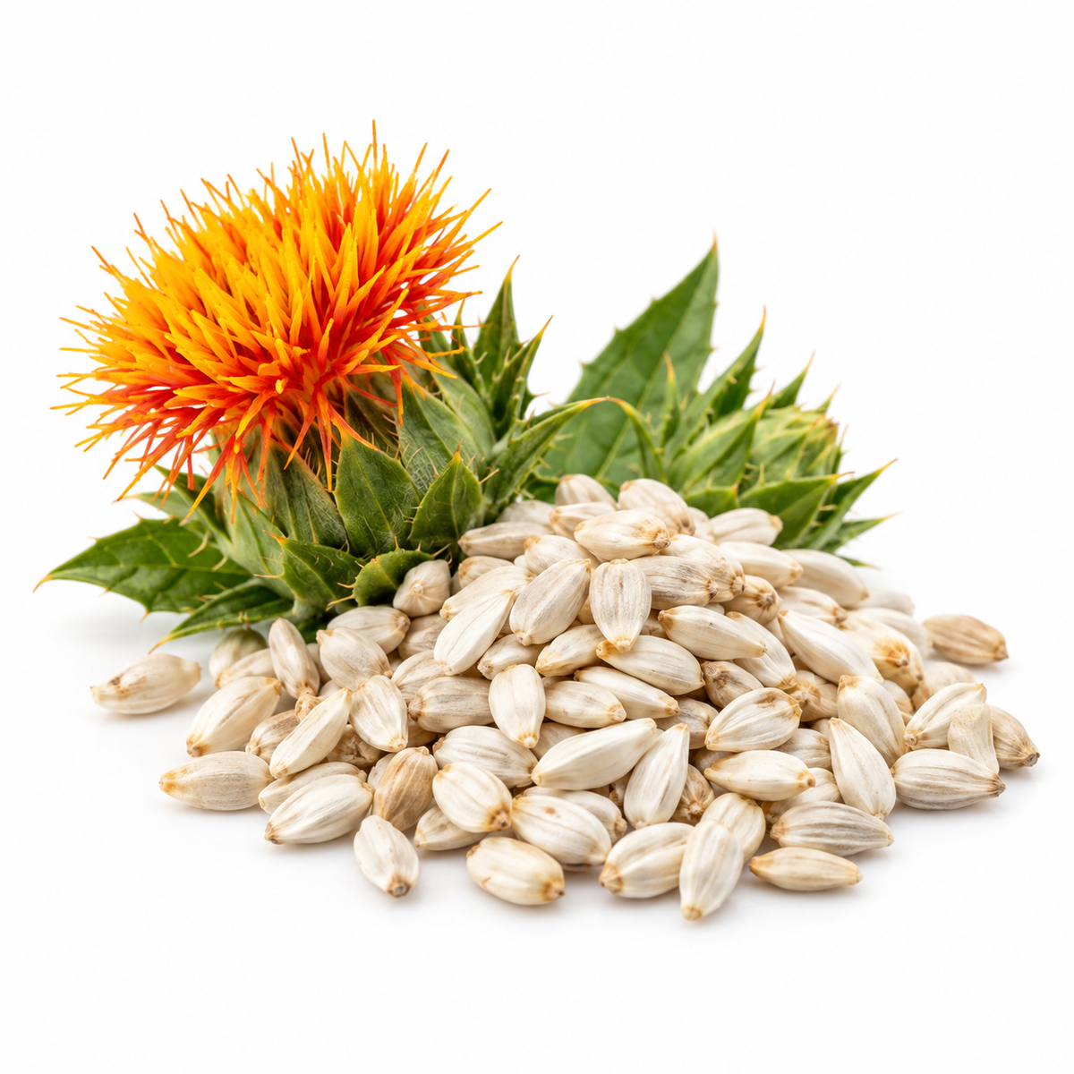 Safflower seeds and flower, botanical source of safflower seed oil