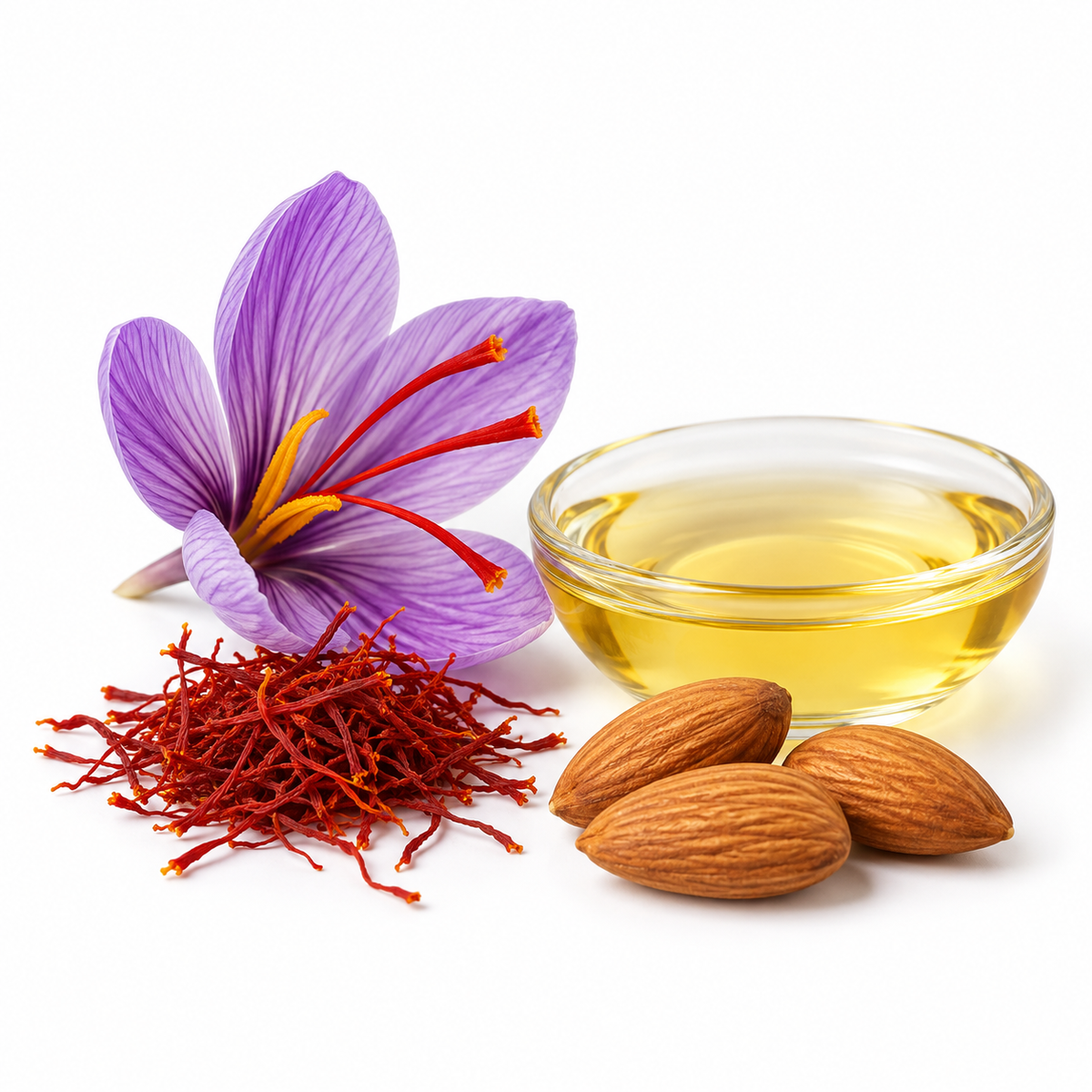 Saffron crocus, saffron threads and sweet almonds, sources of saffron oil blend