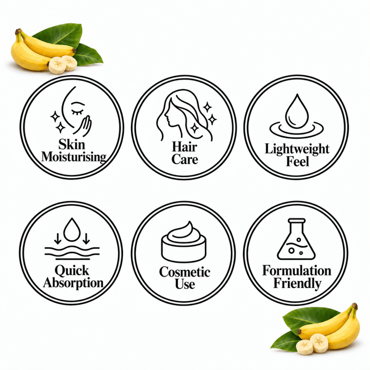 Banana Seed Oil features: Skin Moisturising, Hair Care, Lightweight Feel, Quick Absorption, Cosmetic Use, Formulation Friendly