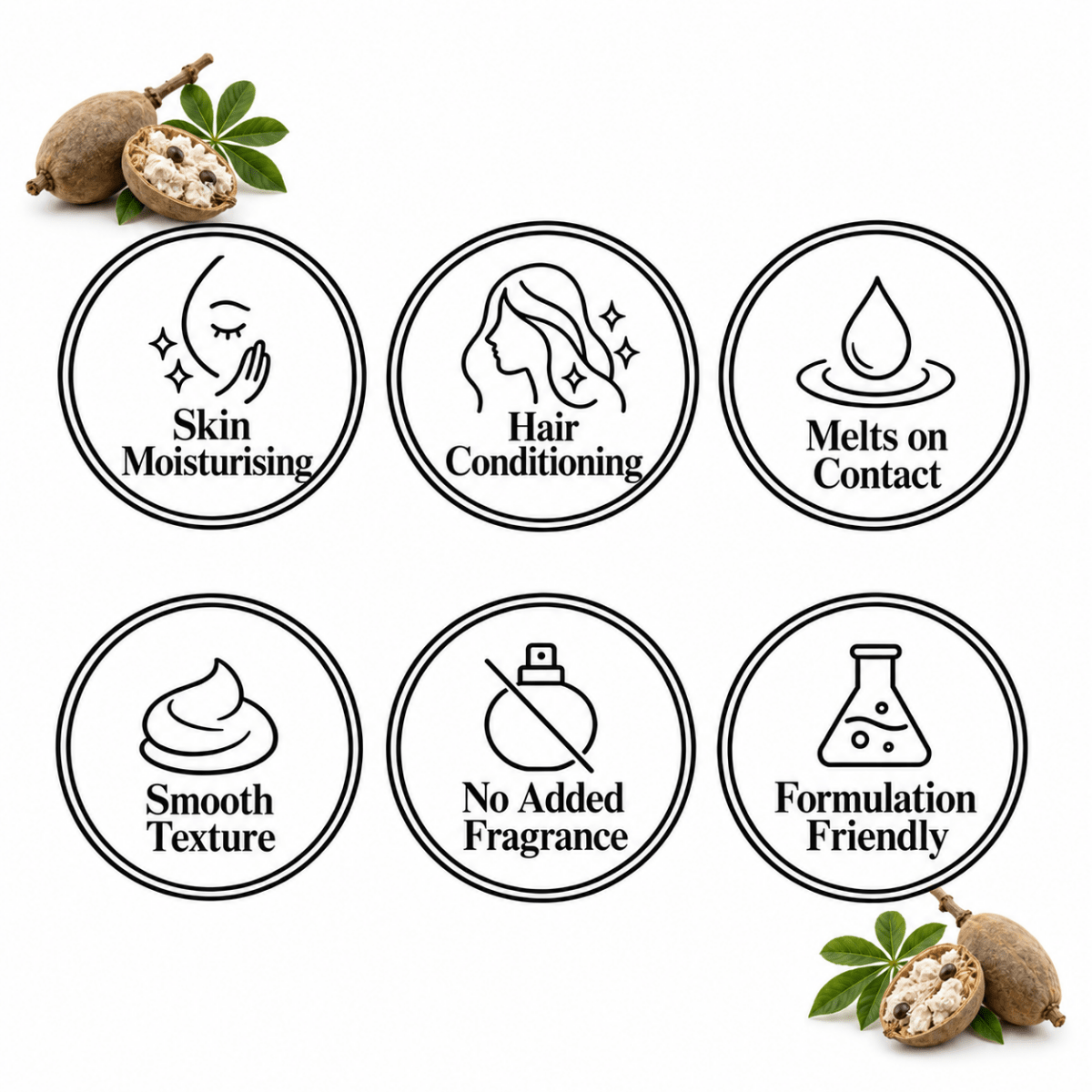 Baobab Butter features: Skin Moisturising, Hair Conditioning, Melts on Contact, Smooth Texture, No Added Fragrance, Formulation Friendly