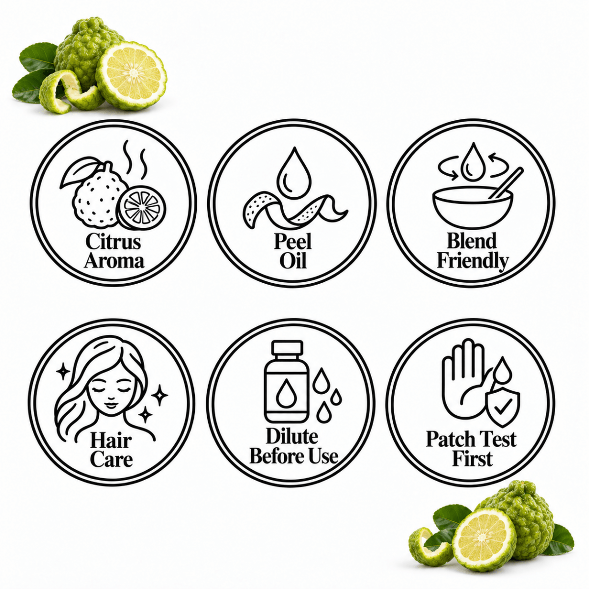 Bergamot Essential Oil, six-circle feature page