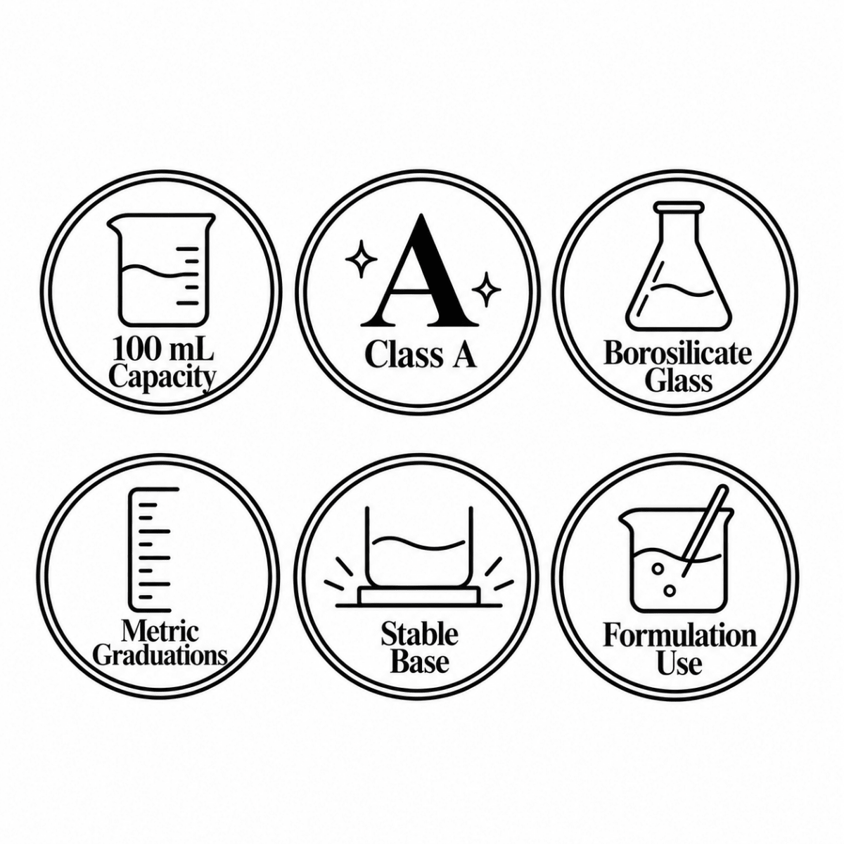 Borosil 100 mL Class A glass measuring cylinder, six-circle specifications page