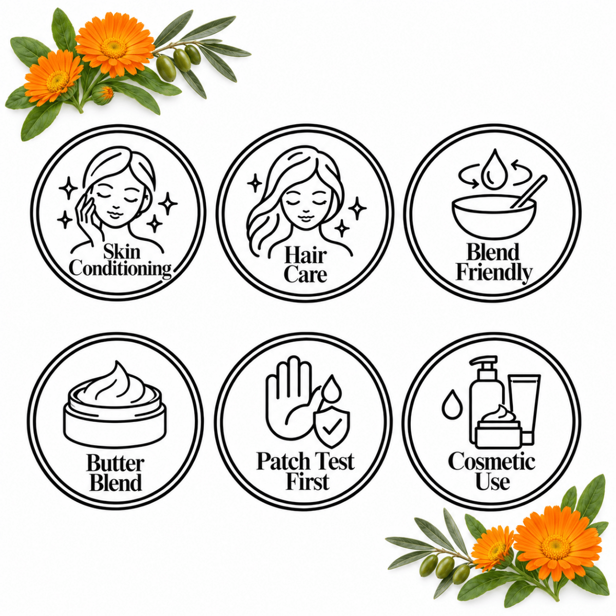 Calendula Butter six-circle feature page: skin conditioning, hair care, blend friendly, butter blend, patch test first, cosmetic use