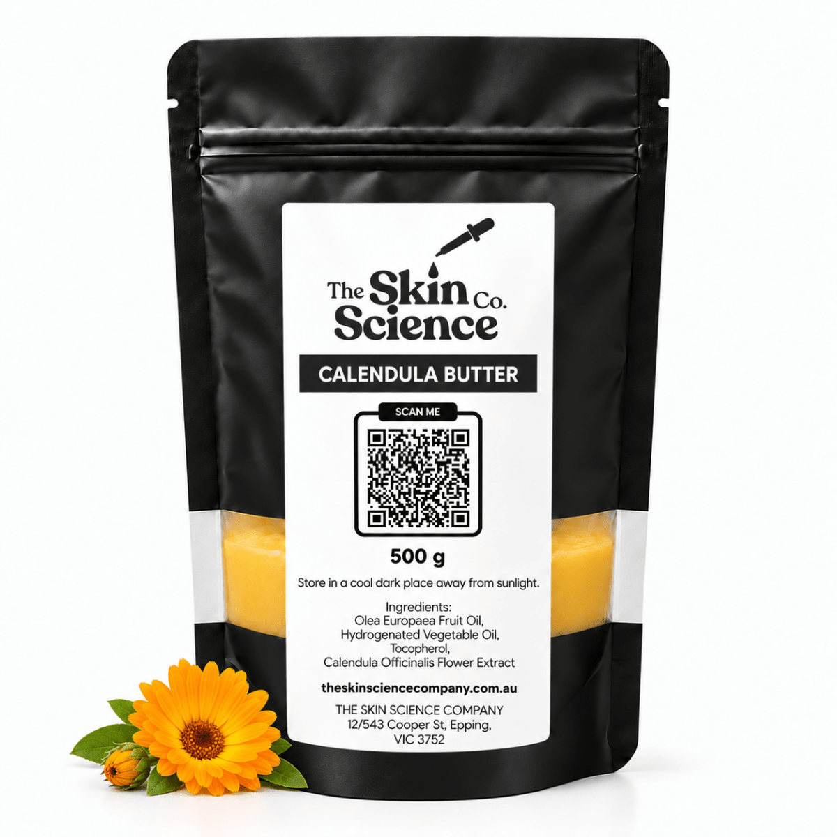 The Skin Science Company Calendula Butter – 500 g black windowed pouch with yellow-orange butter on white background