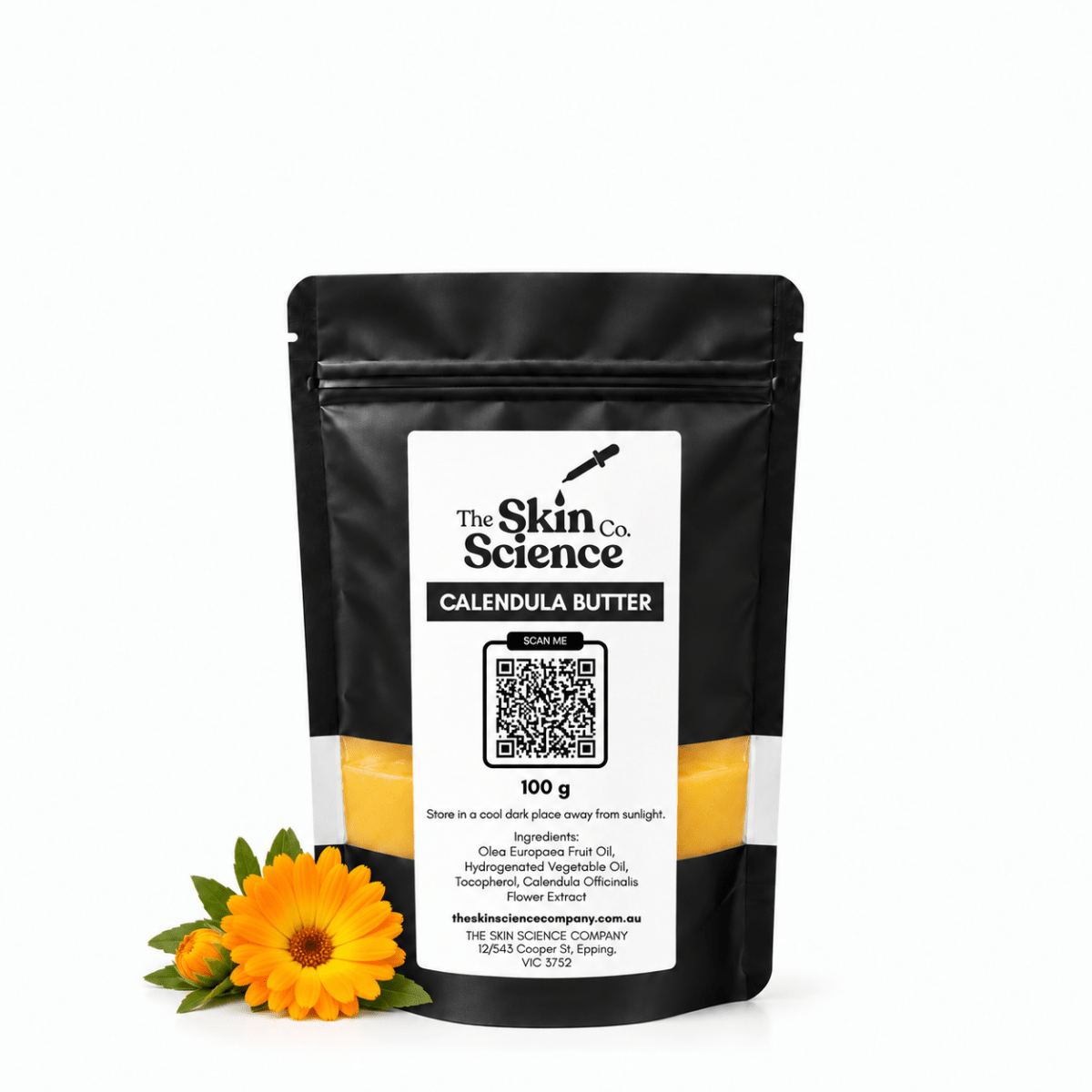 The Skin Science Company Calendula Butter – 100 g black windowed pouch with yellow-orange butter on white background